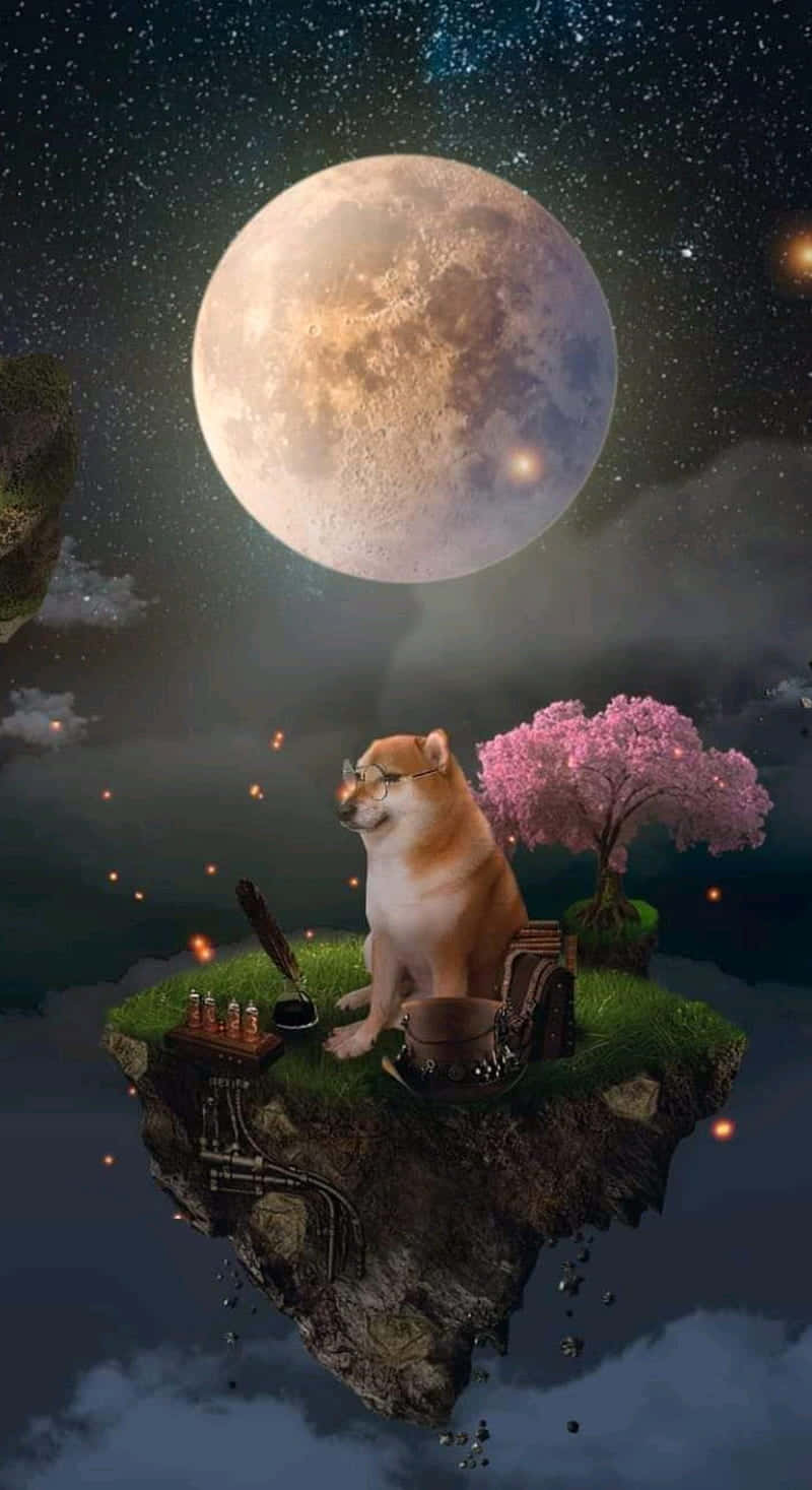 戴眼鏡柴犬在漂浮島上，巨大月亮下，有櫻花樹和蒸氣龐克齒輪。