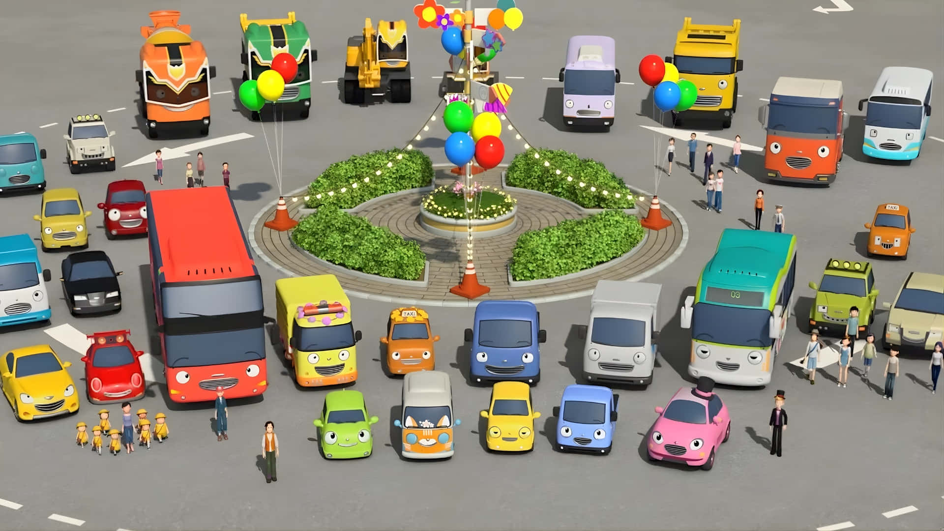  壁紙 — 一個歡樂的3D渲染城市廣場，充滿色彩繽紛的卡通車輛和小人物在節日氣球噴泉周圍慶祝。
