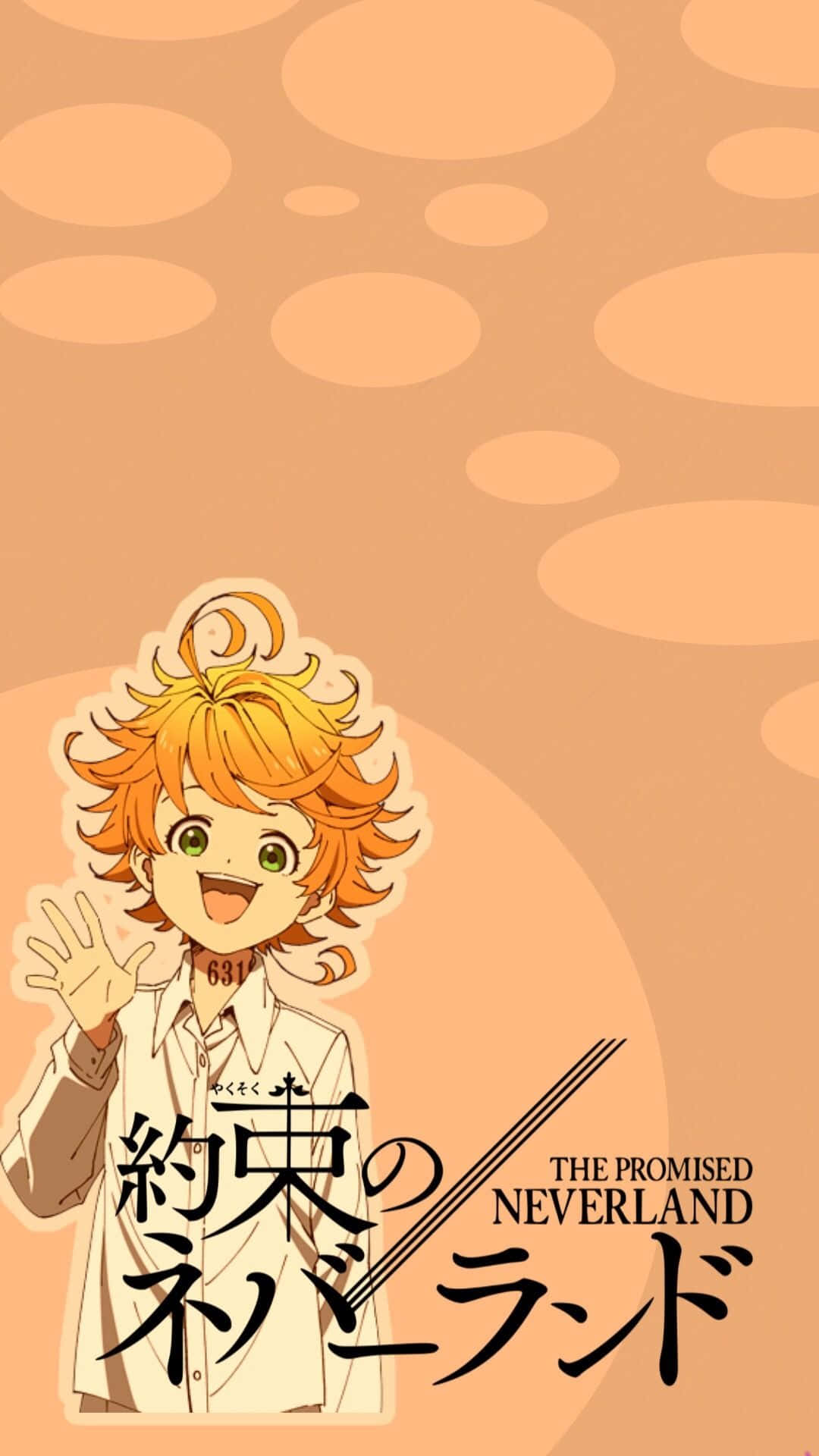 The Promised Neverland Emma 桌布 壁紙 — 一個開心的動畫男孩，有著尖尖的橙色頭髮，在溫暖的橙色背景上，伴隨著漂浮的圓圈，愉快地揮手。