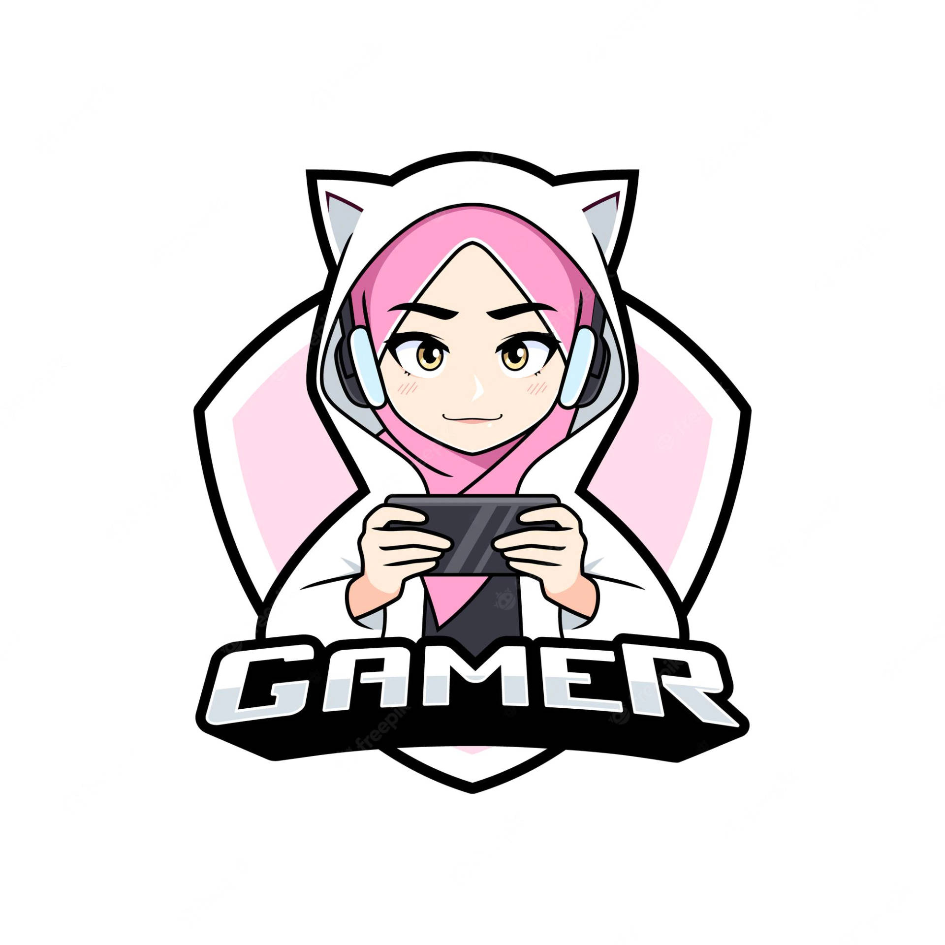 動漫女孩穿著粉紅色頭巾和貓耳，手持帶有「GAMER」文字的遊戲控制器。
