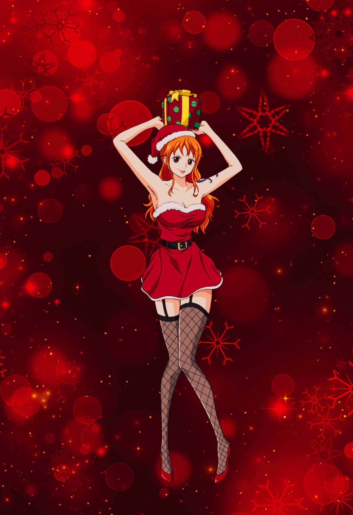 One Piece Christmas 桌布 壁紙 — 一個開心的動漫女孩穿著紅色聖誕老人服裝，在節日紅色散景背景和雪花中，將禮物盒平衡在頭頂上。