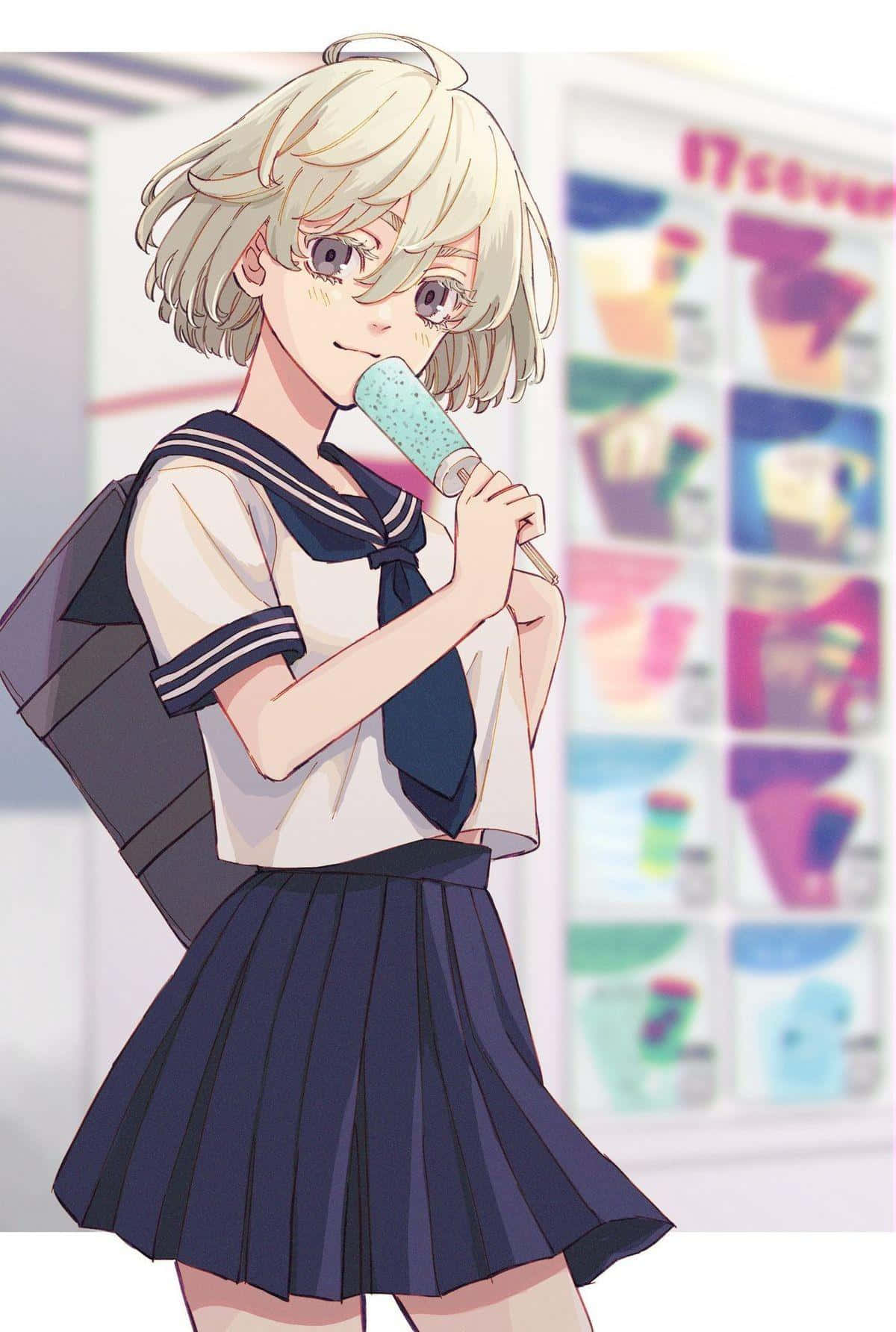  壁紙 — 一個穿著水手服的開心動漫女孩，在色彩繽紛的自動販賣機前享受著泡泡糖冰棒。