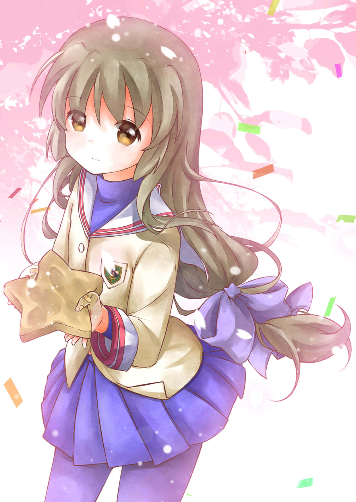 Fuko Ibuki 桌布 壁紙 — 一個開心的動畫女學生穿著校服，在粉紅色櫻花背景和飄落的五彩紙屑中拿著星形曲奇。