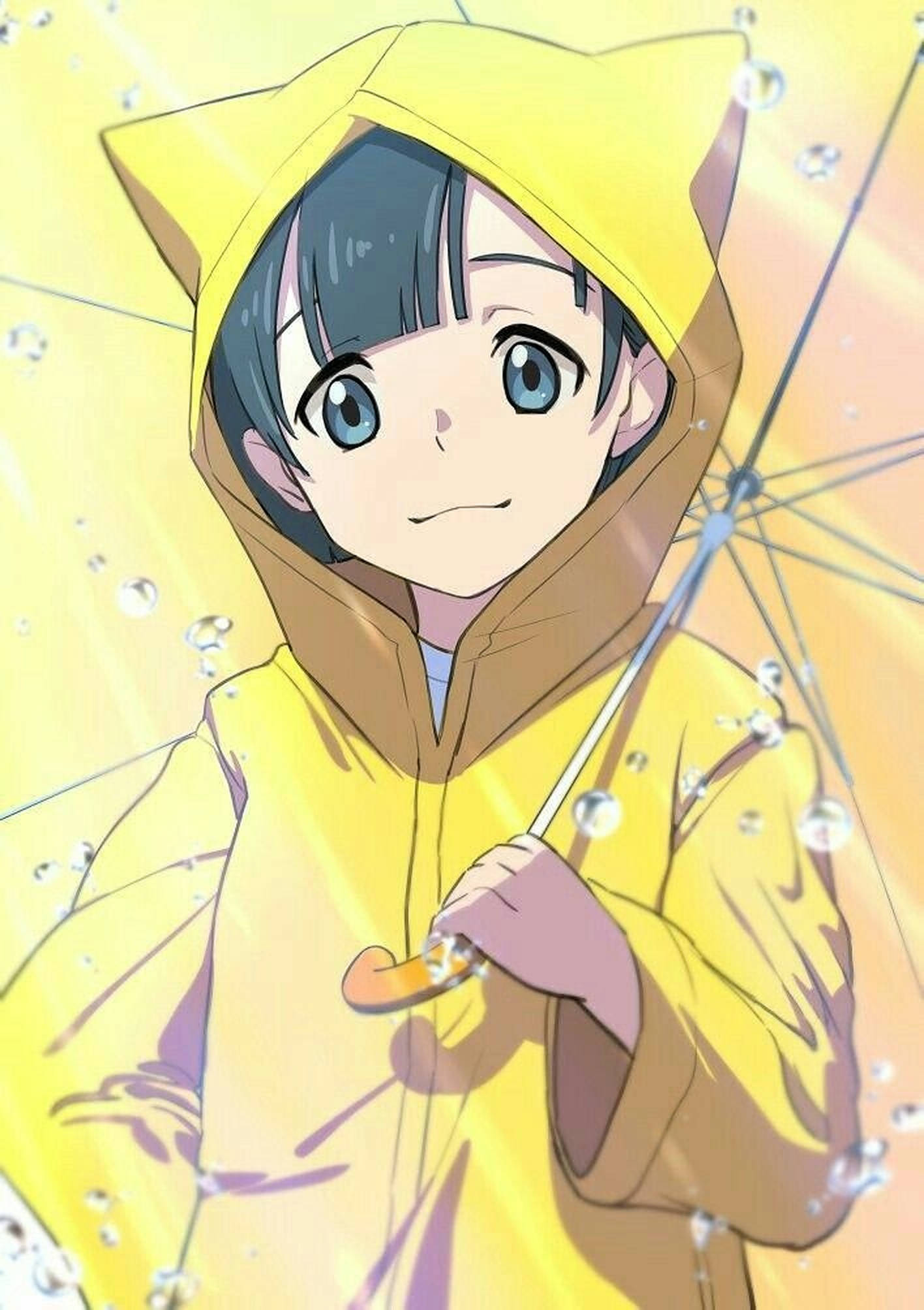 《天氣之子》天野凪 壁紙 — 一個開心的動漫女孩穿著黃色雨衣，戴著貓耳，撐著雨傘，雨滴在她周圍溫暖的金色光芒中閃爍。
