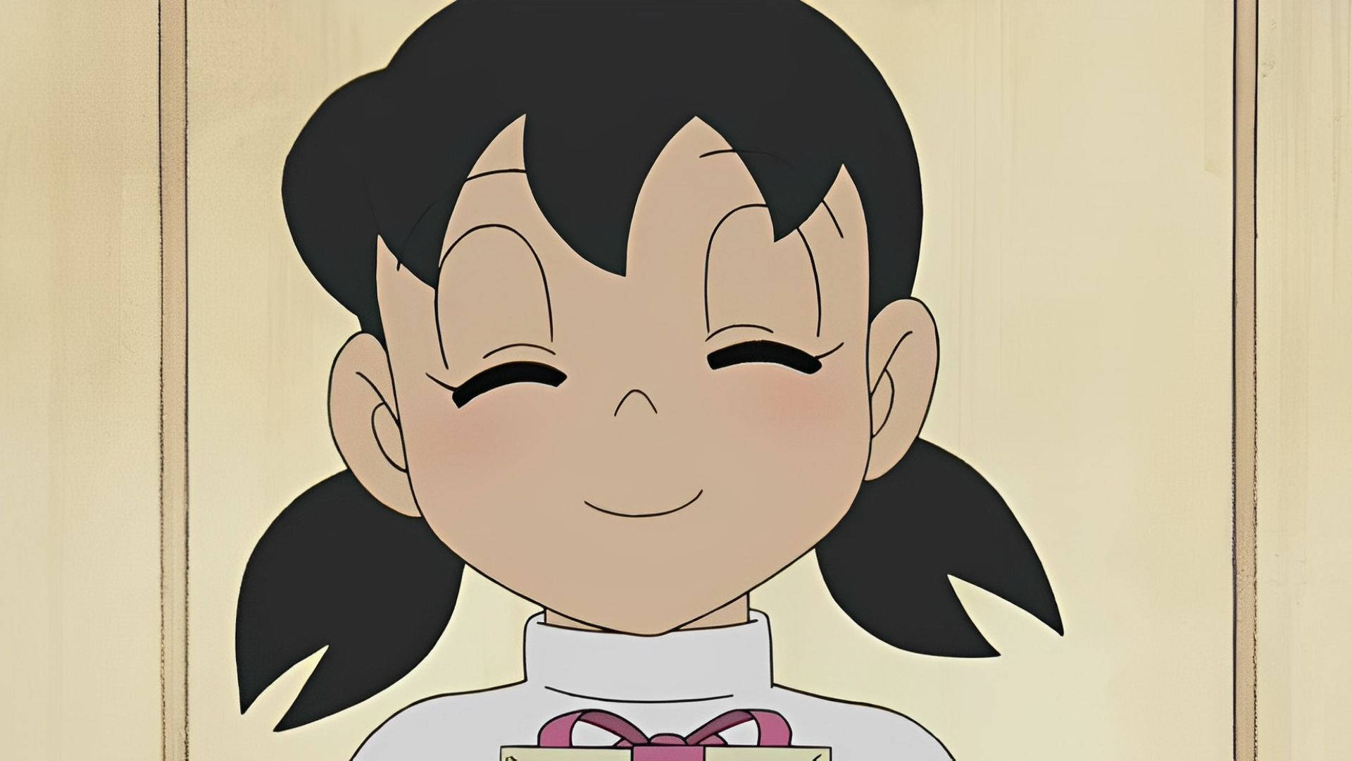 雙馬尾動漫女孩微笑，手持粉紅色絲帶禮物。