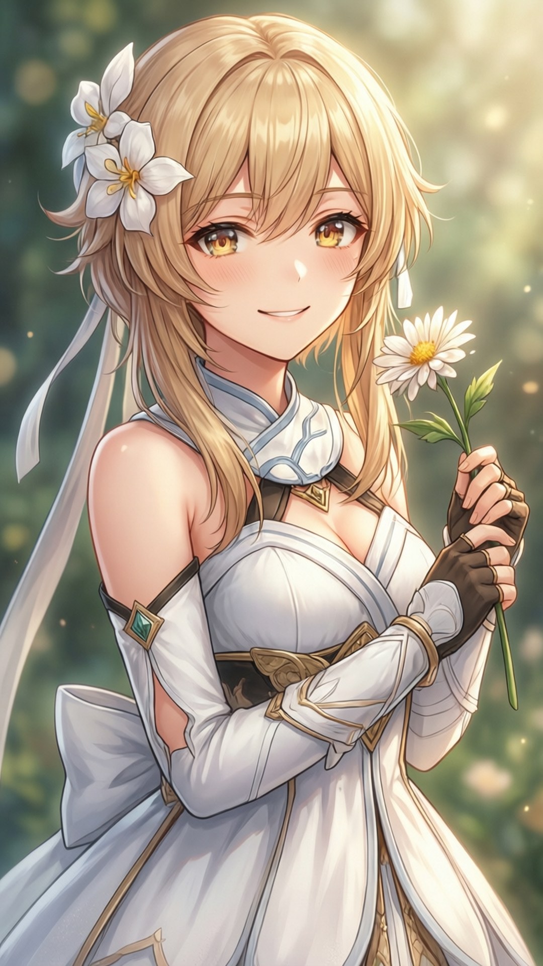 動畫女孩，金髮上戴著白色花朵，在陽光明媚的花園裡微笑著拿著雛菊。