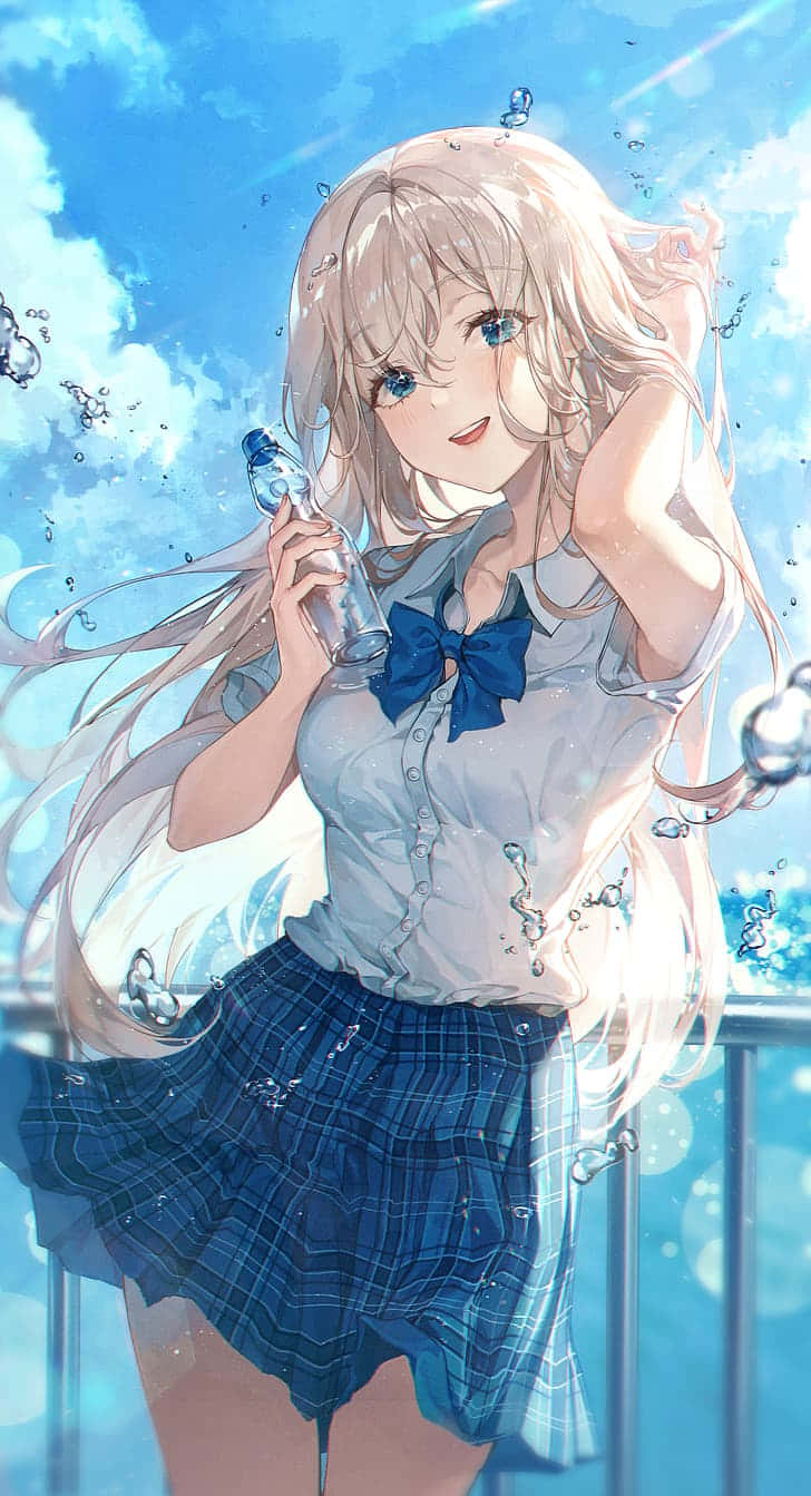  壁紙 — 一個開心的動漫女孩，長長的金髮，穿著藍色格子裙，在明亮的藍天下拿著水樽，周圍有氣泡漂浮。