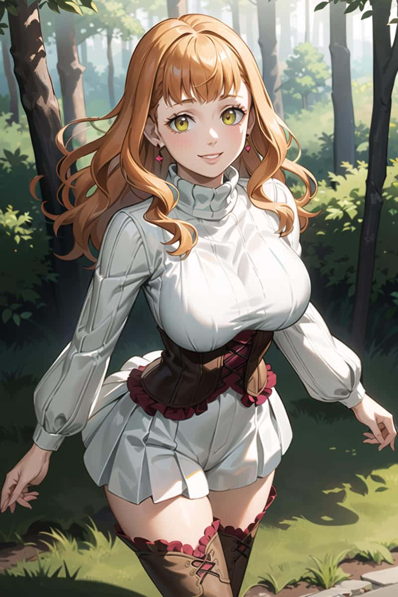  壁紙 — 一個開心的動漫女孩，長著橙色長髮和綠色眼睛，站在陽光明媚的森林中，穿著白色襯衫和束腰。