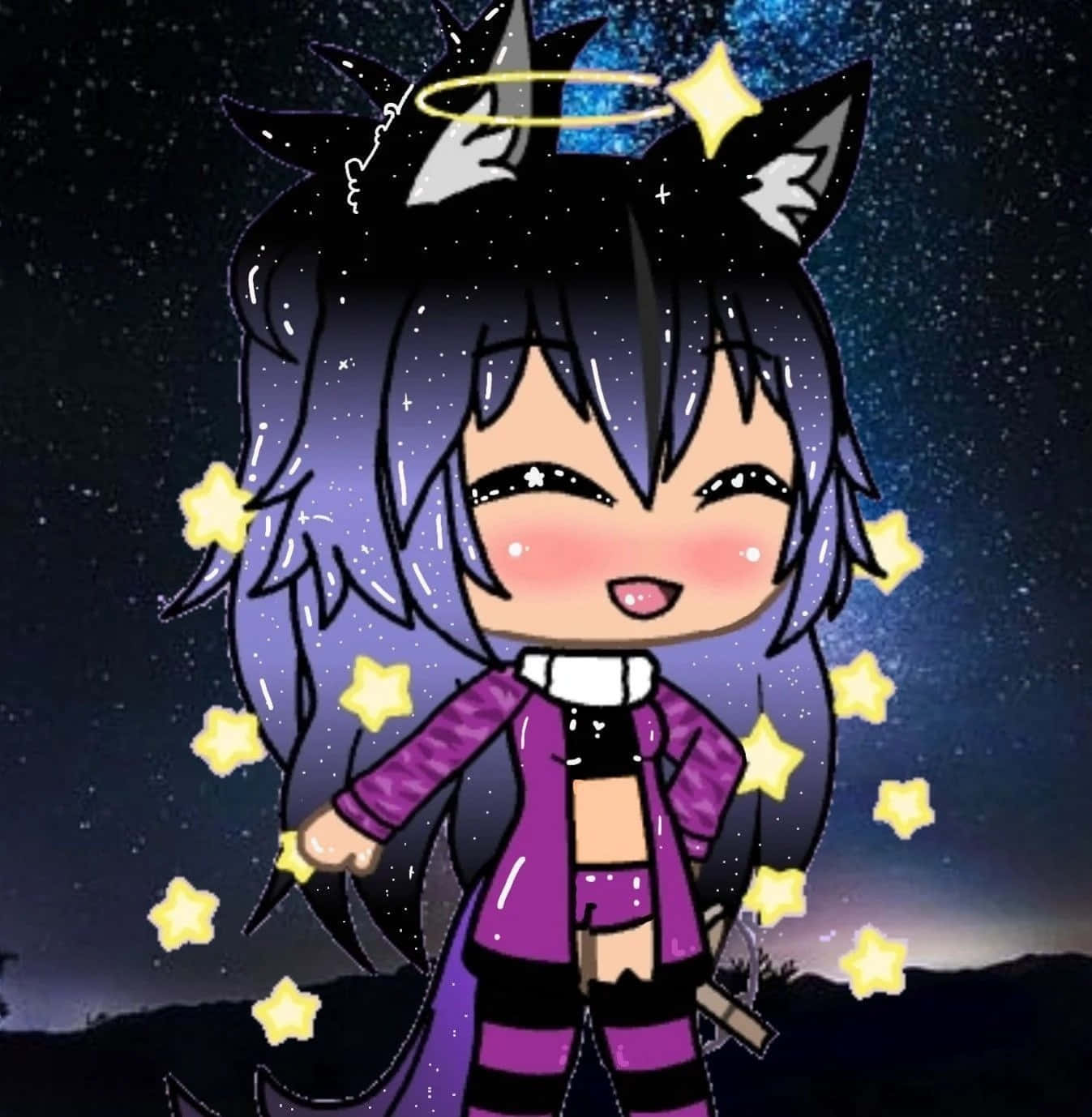 擁抱Gacha Life世界——最完美的動漫與遊戲體驗 壁紙 — 一個開心的動漫女孩，紫色頭髮和貓耳朵，站在星空下，周圍是發光的黃色星星。