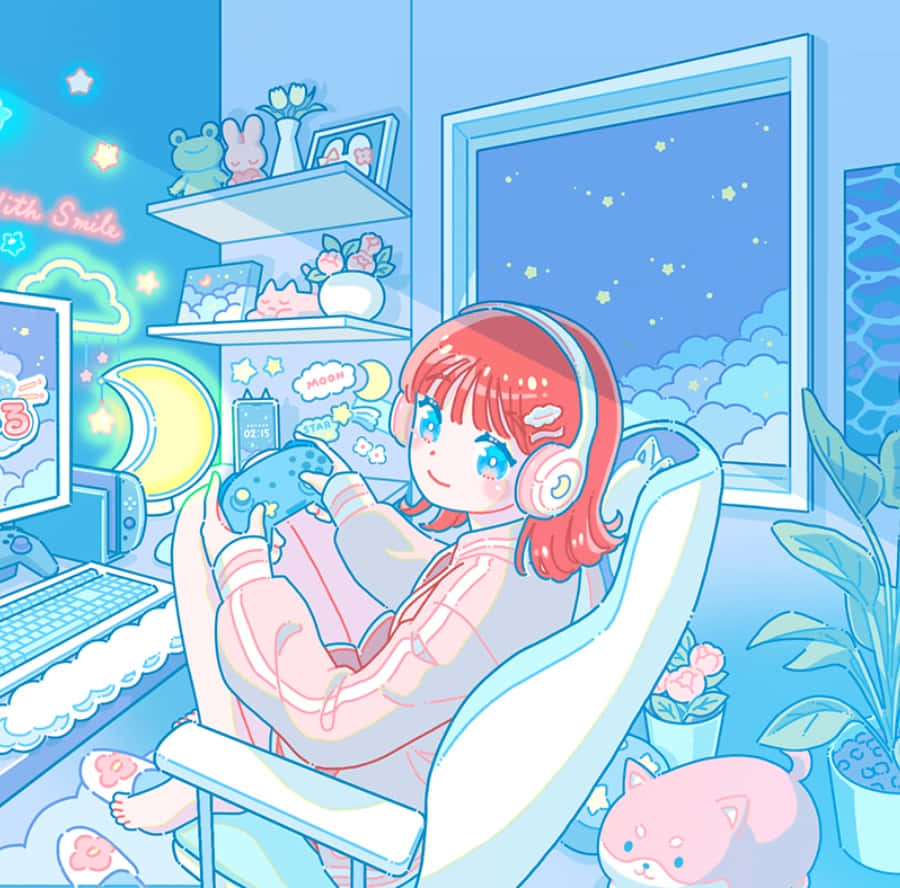  壁紙 — 一個開心的紅髮動漫女孩在一個充滿星星和毛絨玩具的舒適藍色房間裡玩電子遊戲。