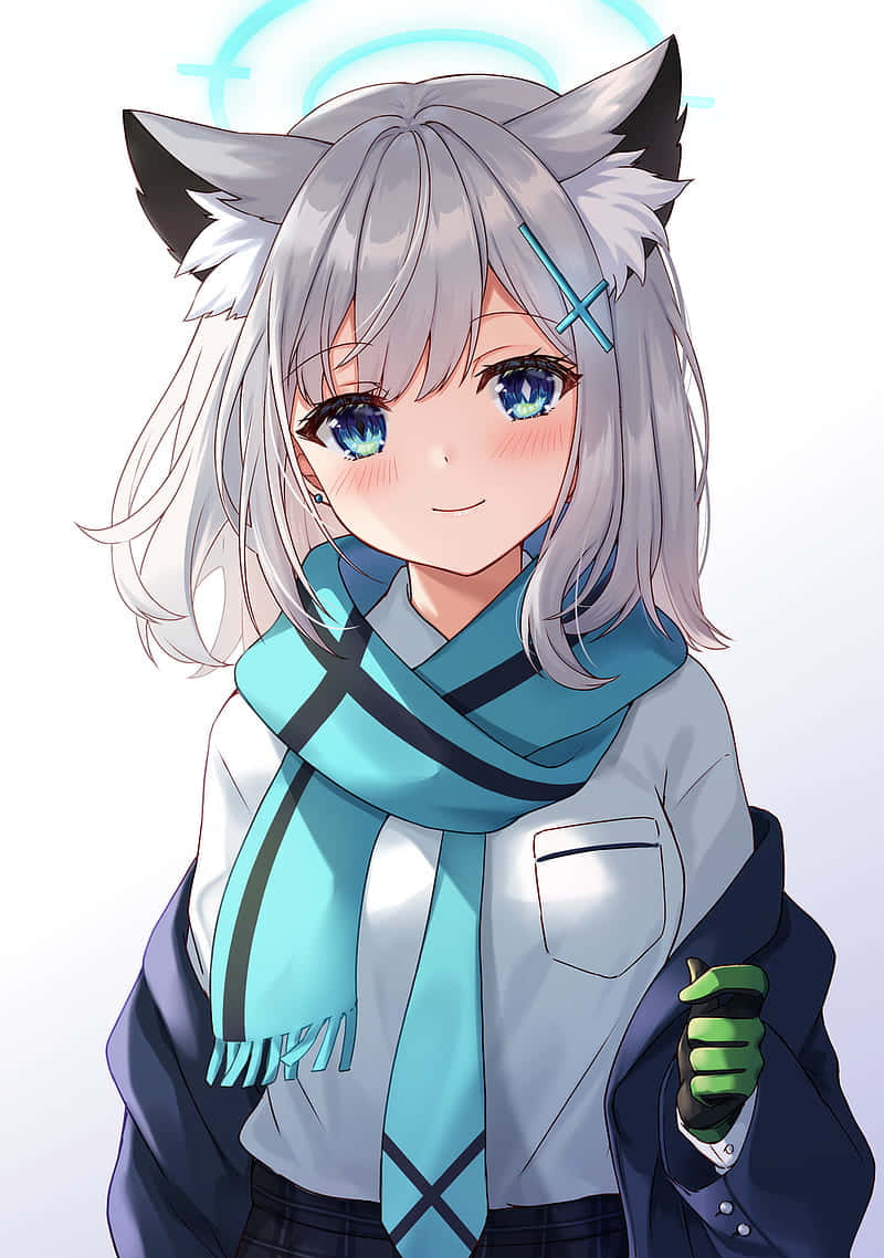  壁紙 — 一個開心的動畫女孩，銀色頭髮和狐狸耳朵，微笑著戴著藍色圍巾和外套。