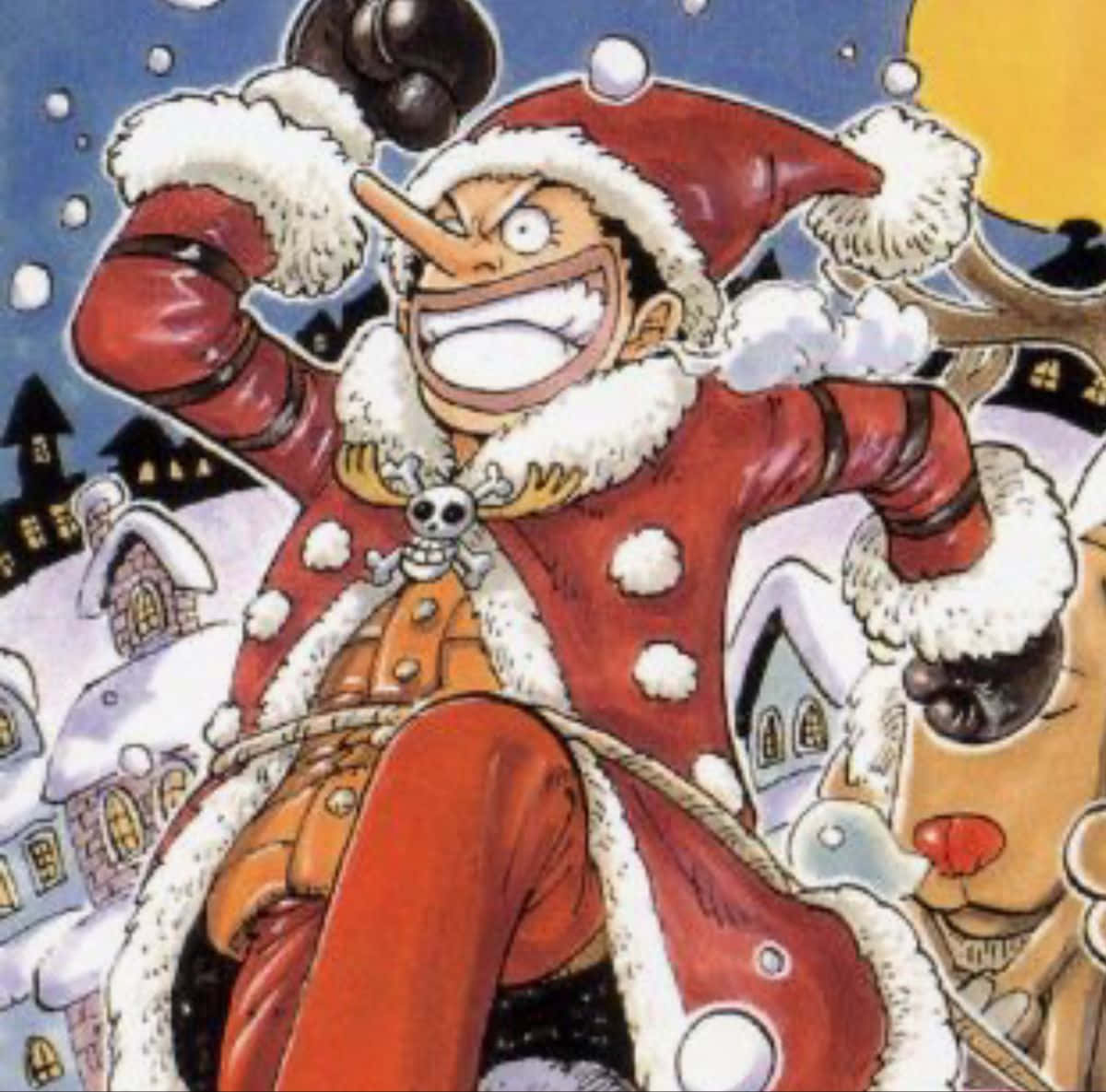 One Piece Christmas 桌布 壁紙 — 一個開心的動畫海盜穿著聖誕老人服裝，在夜晚騎著馴鹿穿過雪村大笑。