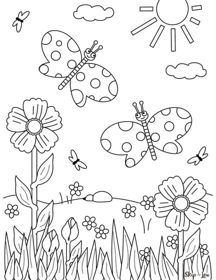  壁紙 — 一幅歡快的黑白線條畫，描繪斑點蝴蝶在陽光明媚、有雲的天空下飛翔於花叢中。