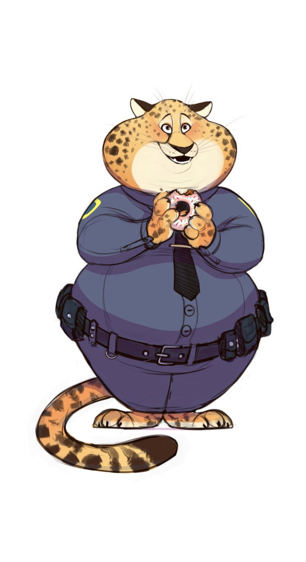  壁紙 — 一隻穿著警察制服嘅開心卡通獵豹，喺純白色背景上開心咁揸住一個糖霜冬甩。