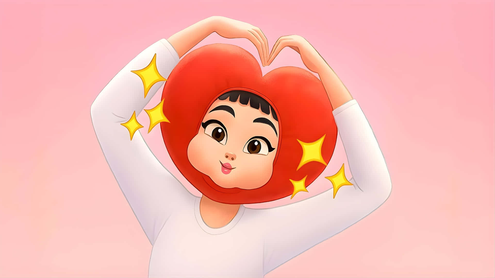  壁紙 — 一個快樂的卡通女孩，頭部呈心形，雙手比心，周圍有閃爍的星星，背景是柔和的粉紅色。