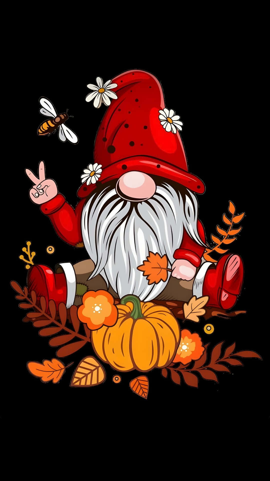  壁紙 — 一個戴紅帽白鬍子的快樂卡通地精坐在南瓜旁，周圍有秋葉和雛菊。