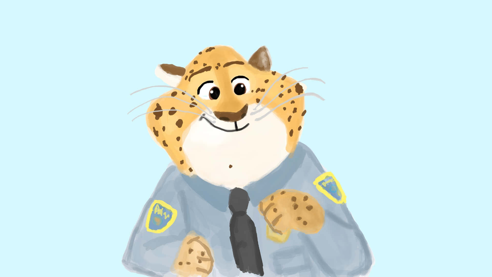  壁紙 — 一隻穿著警察制服、開心微笑的卡通豹，背景是柔和的藍色。