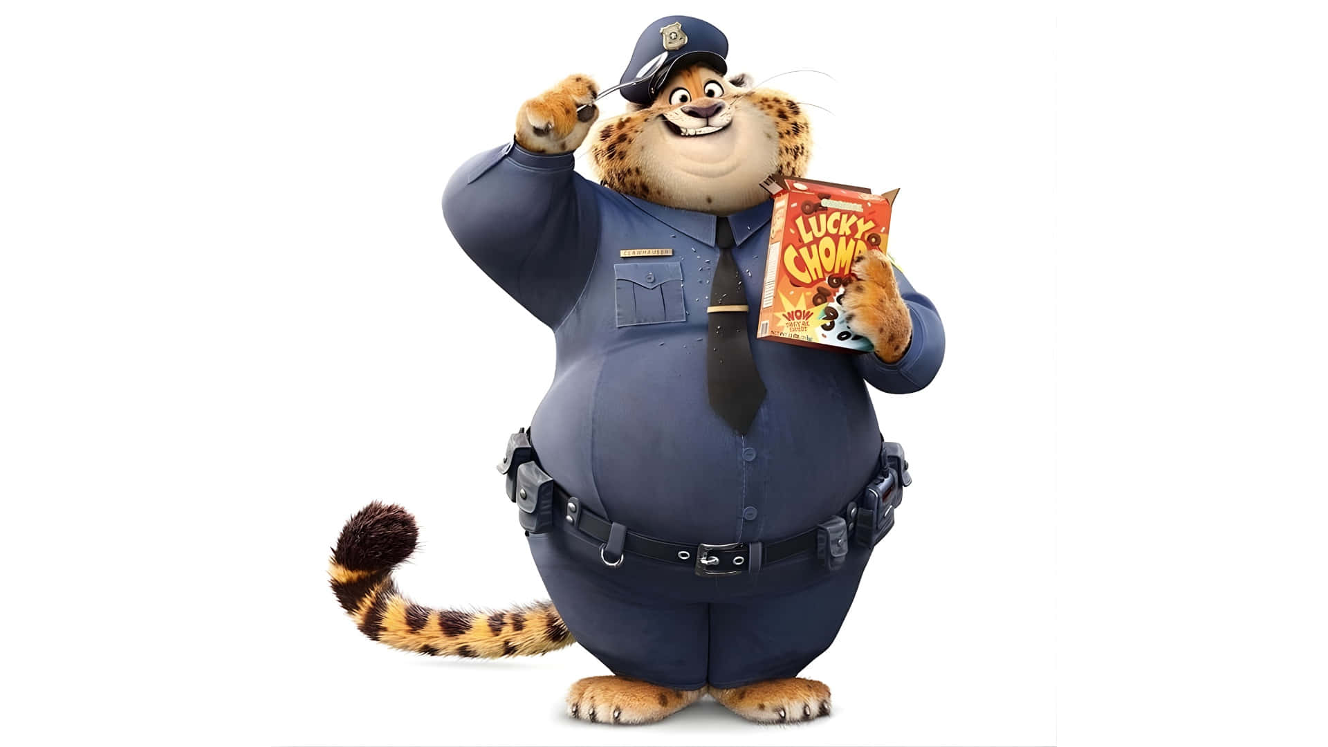  壁紙 — 一隻快樂的卡通豹穿著警察制服，拿著一盒 Lucky Chomps 穀物片敬禮。