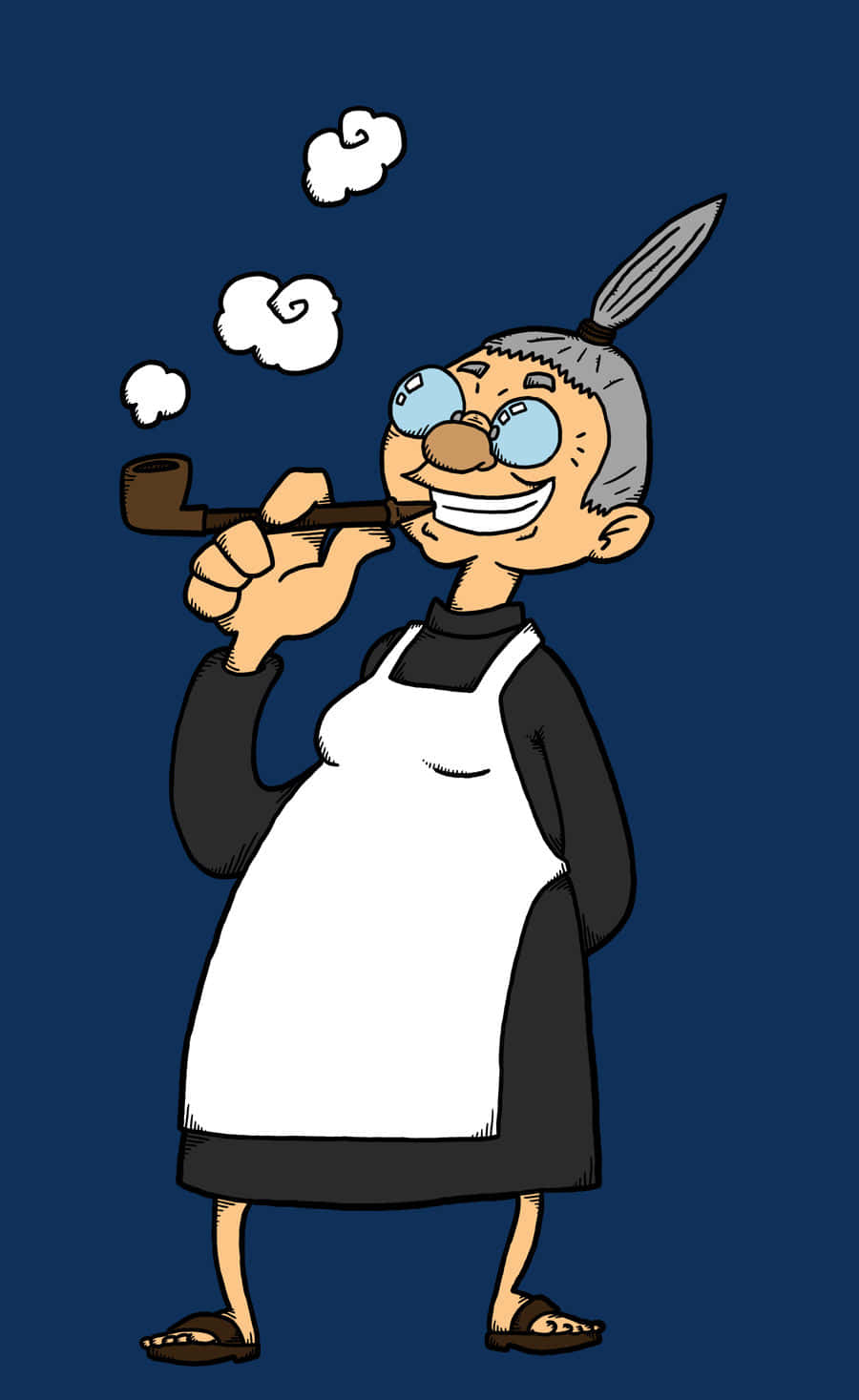  壁紙 — 一位穿著圍裙的歡樂卡通女性，在深藍色背景前，頭髮上插著鍋鏟抽煙斗。