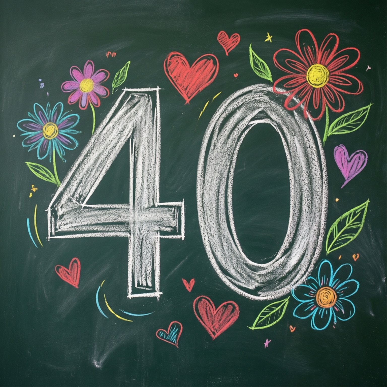 40 桌布 壁紙 — 喺綠色黑板上面用粉筆畫嘅開心數字40，周圍有色彩繽紛嘅花、心形同樹葉。