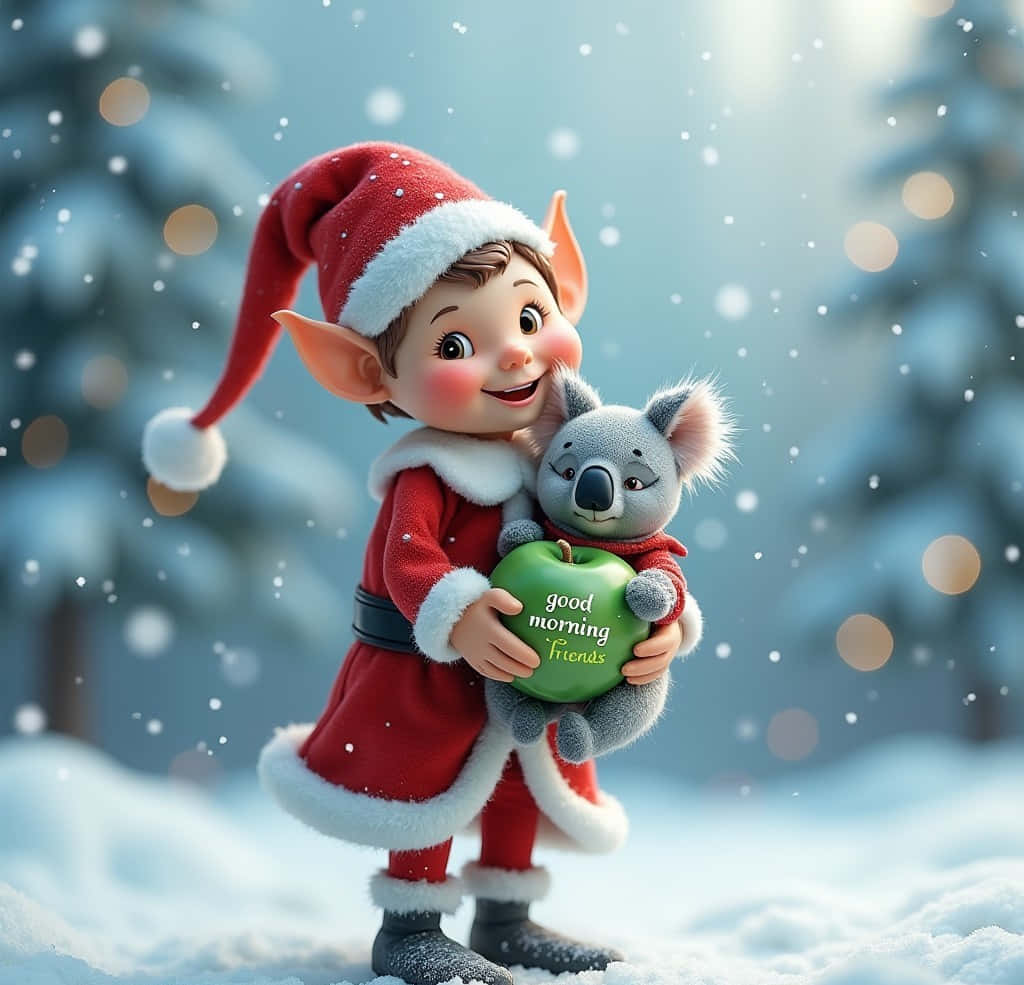  壁紙 — 一個穿著紅色聖誕老人服裝的快樂精靈在雪白的冬季森林中擁抱一隻拿著寫有「good morning friends」的青蘋果的樹熊。