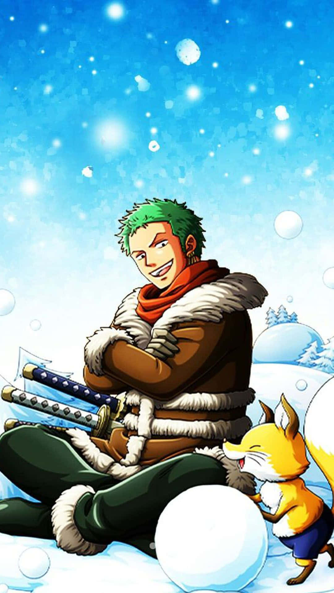 One Piece Christmas 桌布 壁紙 — 一位綠髮的開朗動漫戰士穿著冬季裝備，盤腿坐在雪地裡，身旁有一隻狐狸和劍，背景是明亮的藍天和飄落的雪花。