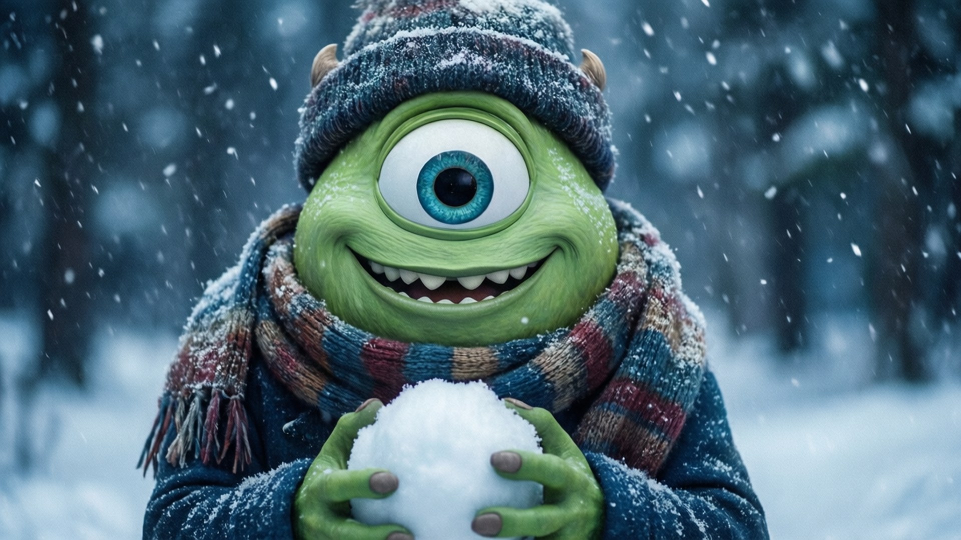 Mike Wazowski 桌布 壁紙 — 一個快樂的綠色獨眼怪物戴著針織帽和圍巾，在雪白的森林中輕輕飄雪時拿著一個雪球。