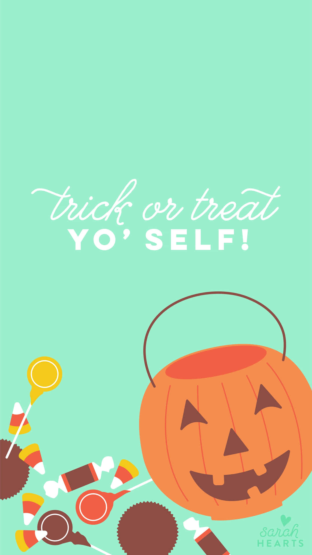 裝滿糖果的萬聖節桶，上面寫著 trick or treat yo self