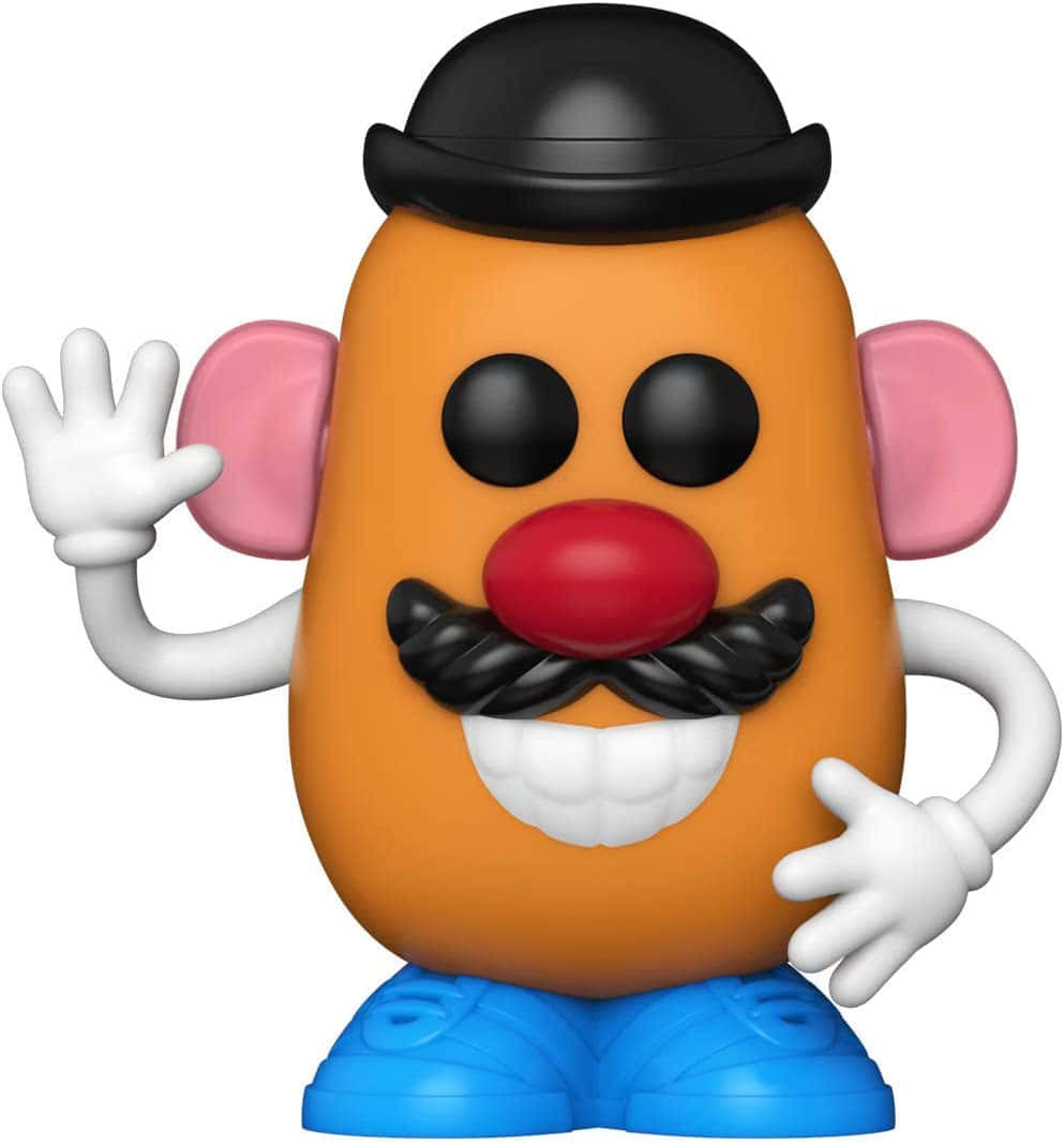Mr. Potato Head玩具揮手，有粉紅色耳朵、黑色帽同藍色鞋。