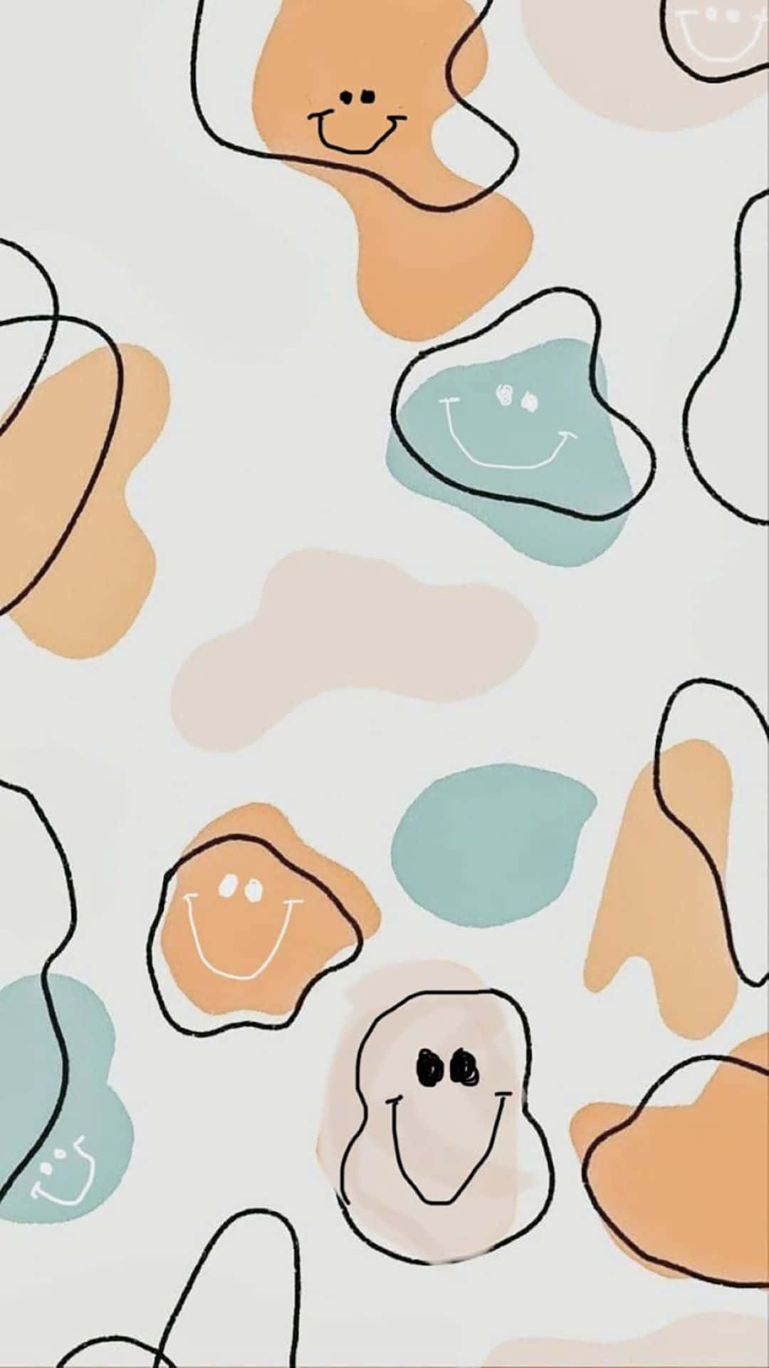  壁紙 — 一個快樂的圖案，由抽象的斑點形狀組成，帶有簡單的笑臉，採用柔和色調，背景為淺色。