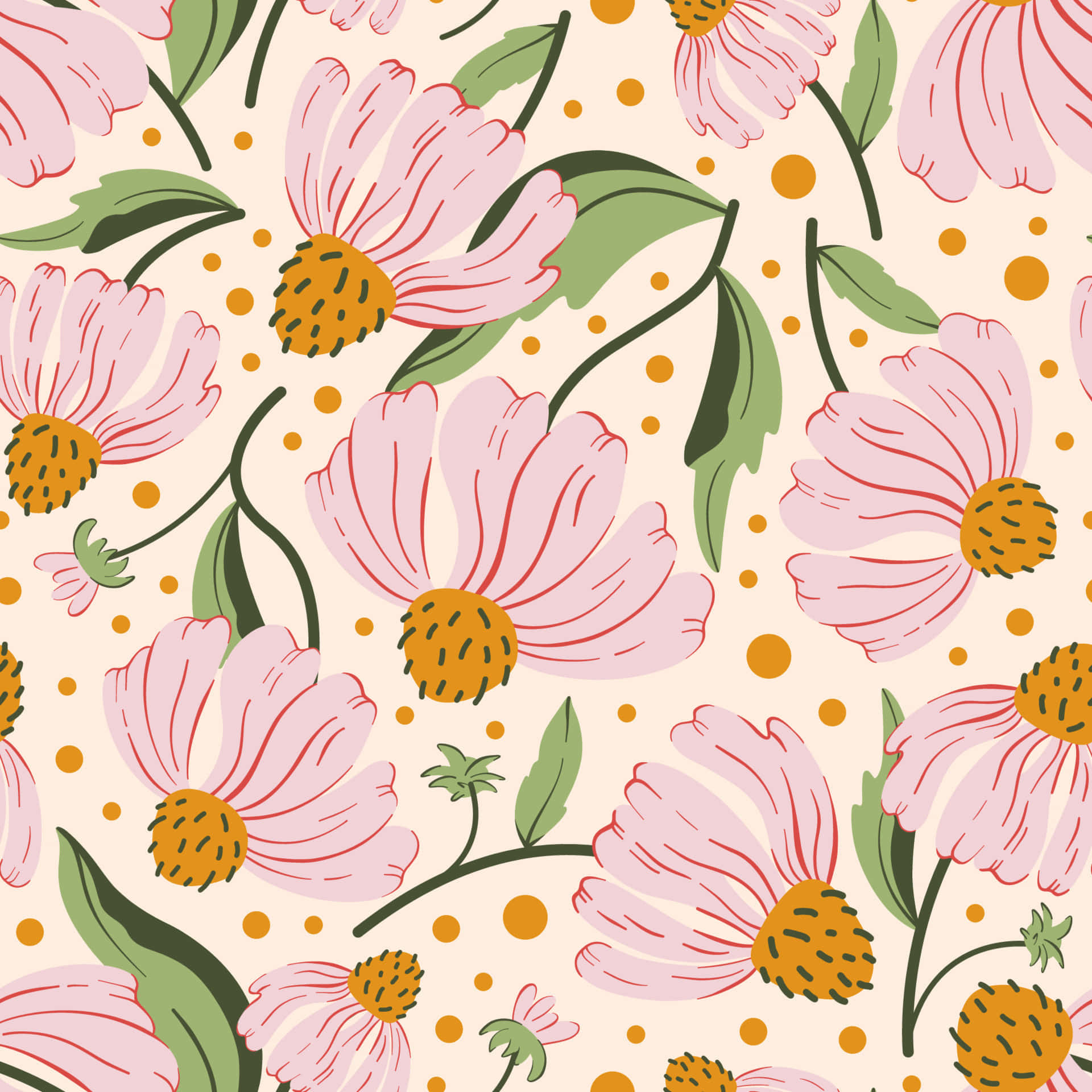 Wildflower 桌布 壁紙 — 一個歡快的圖案，由粉紅色波斯菊、綠色葉子和橙色圓點組成，背景為奶油色。