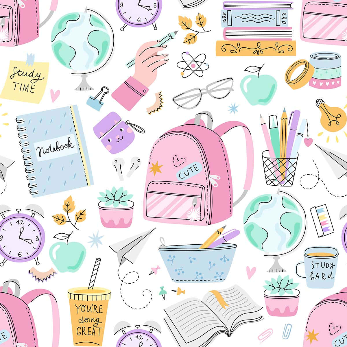 School Aesthetic 桌布 壁紙 — 一個歡樂的圖案，包含粉紅色背包、地球儀和筆記本等學校用品，散落在白色背景上。