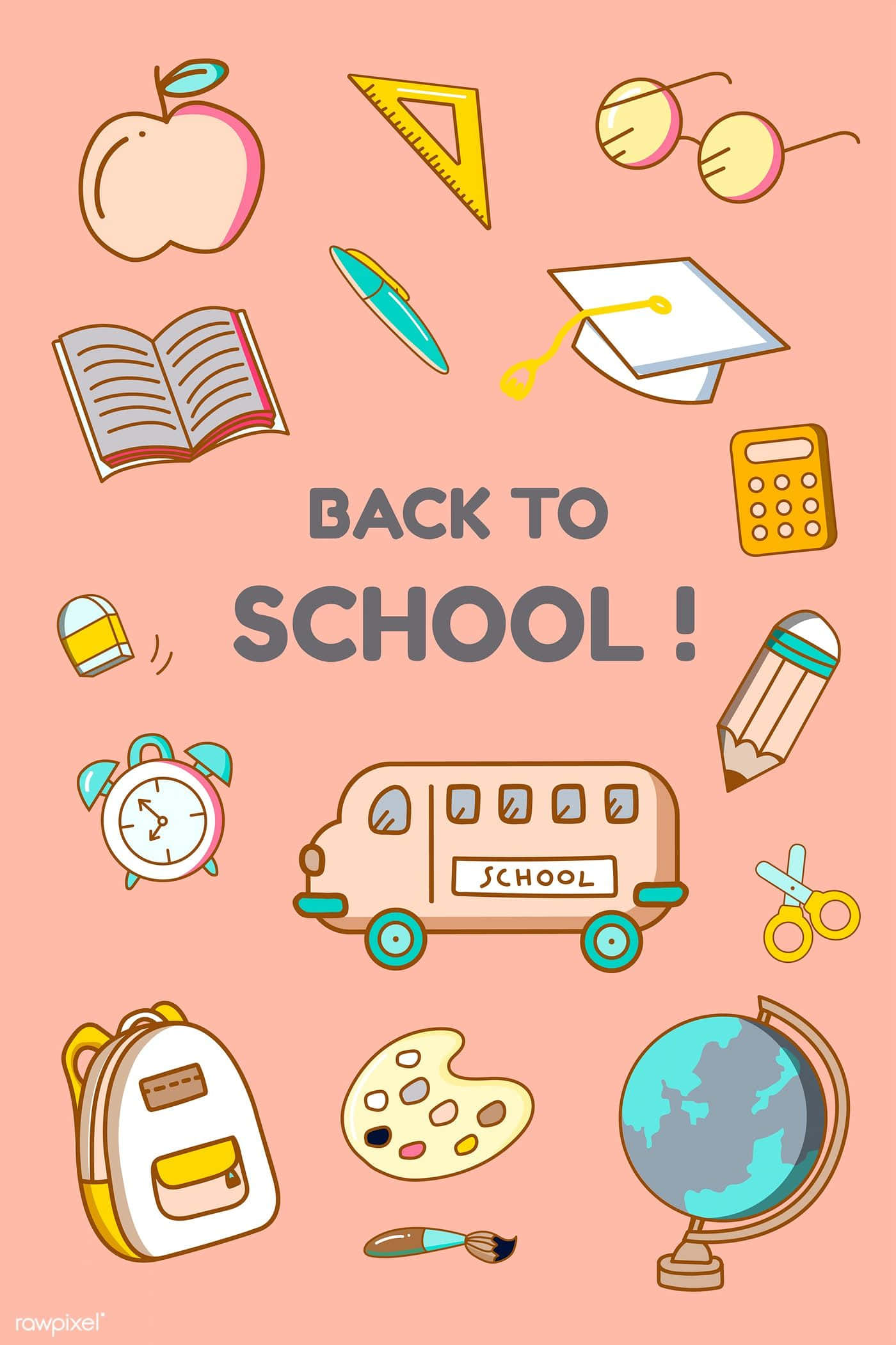 School Aesthetic 桌布 壁紙 — 一個充滿漂浮學校用品和巴士的愉快粉紅色背景，圍繞著粗體文字說回到學校。