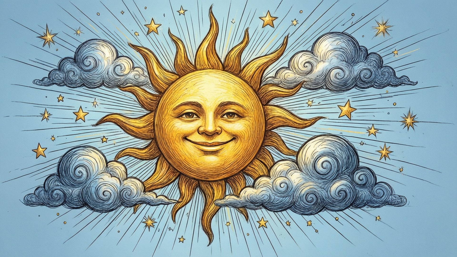 桌布 壁紙 — 一個帶有笑臉的擬人化太陽，在柔和的藍天中，於旋轉的灰色雲朵和散落的星星之間散發出金色光芒。