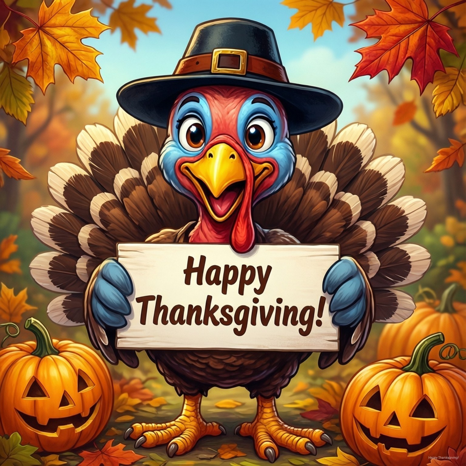 一隻戴著朝聖者帽子的卡通火雞，手持「Happy Thanksgiving」標語，周圍有南瓜燈和秋葉。