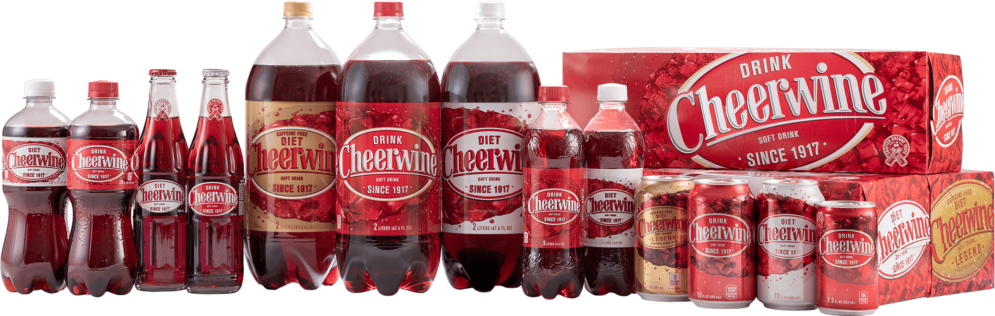 Cheerwine軟飲料多款包裝 壁紙 — 在黑色背景上展示充滿活力的Cheerwine軟飲料瓶、罐和盒子。
