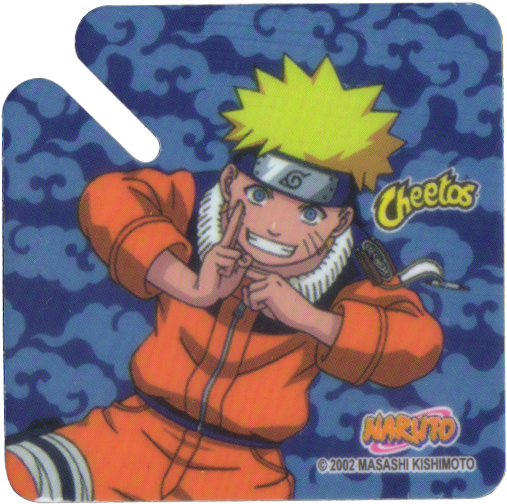 火影忍者Cheetos宣傳卡 壁紙 — 動漫角色漩渦鳴人穿著橙色連身衣，微笑著手持一袋奇多，背景為藍色雲朵圖案。