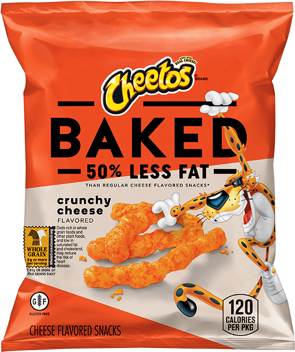 烘烤 Cheetos 酥脆芝士零食包裝 壁紙 — 一個充滿活力的橙色Cheetos Baked Crunchy Cheese Flavored Snacks袋，吉祥物拿著一塊薯片。