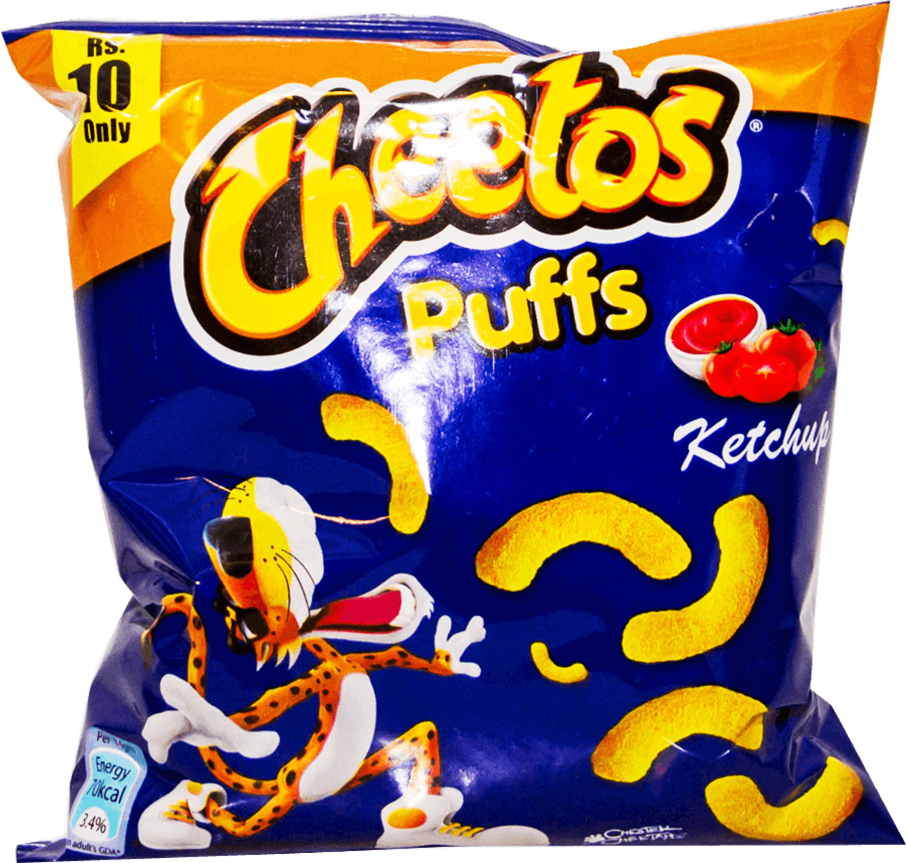 Cheetos Puffs番茄醬口味包裝 壁紙 — 一個充滿活力的藍色袋裝 Cheetos Puffs 番茄醬味，帶有標誌性的卡通獵豹吉祥物和散落的泡芙。