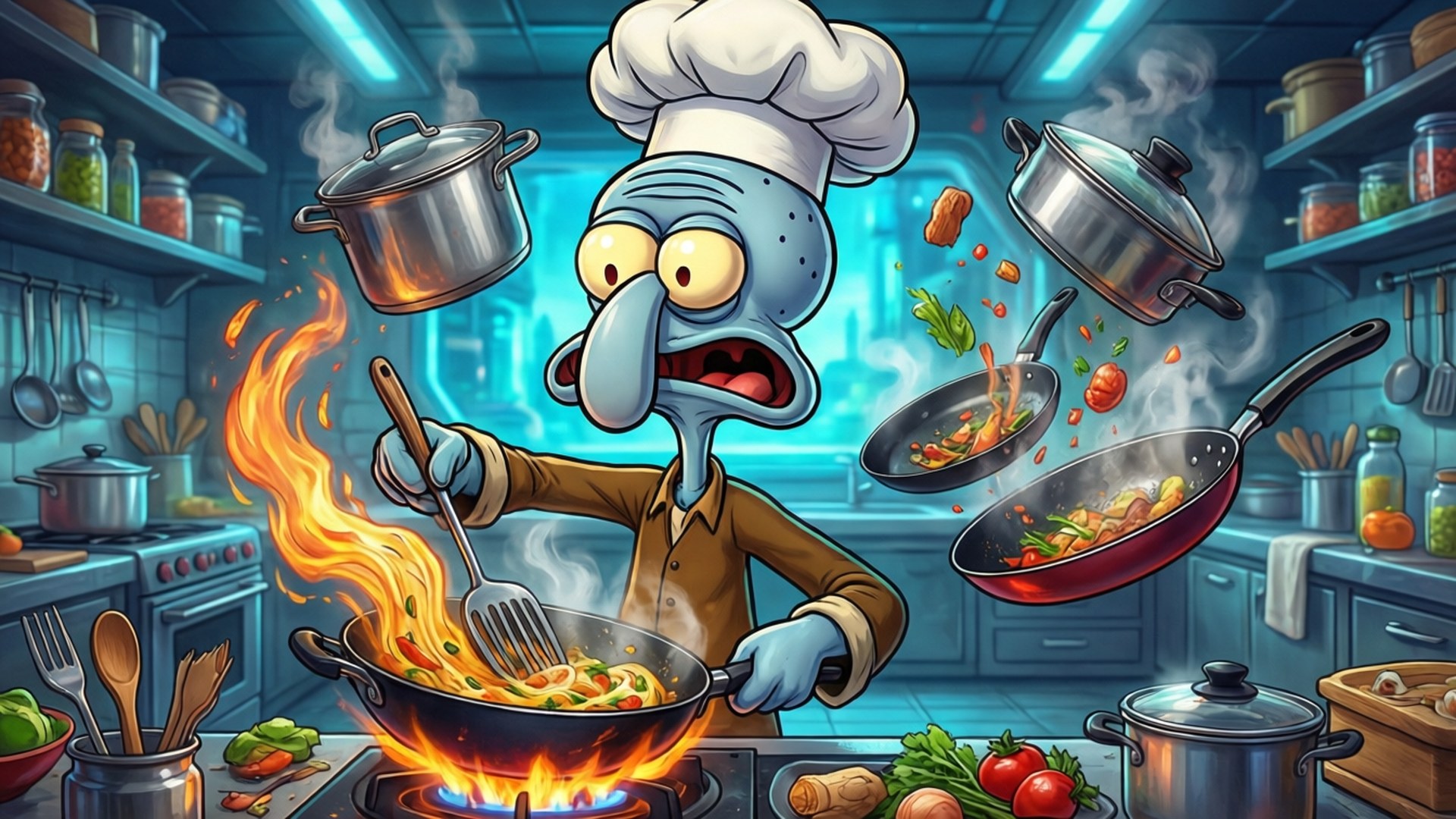 Squidward 戴廚師帽恐慌地烹飪，起火的鑊和飛舞的鍋子在廚房
