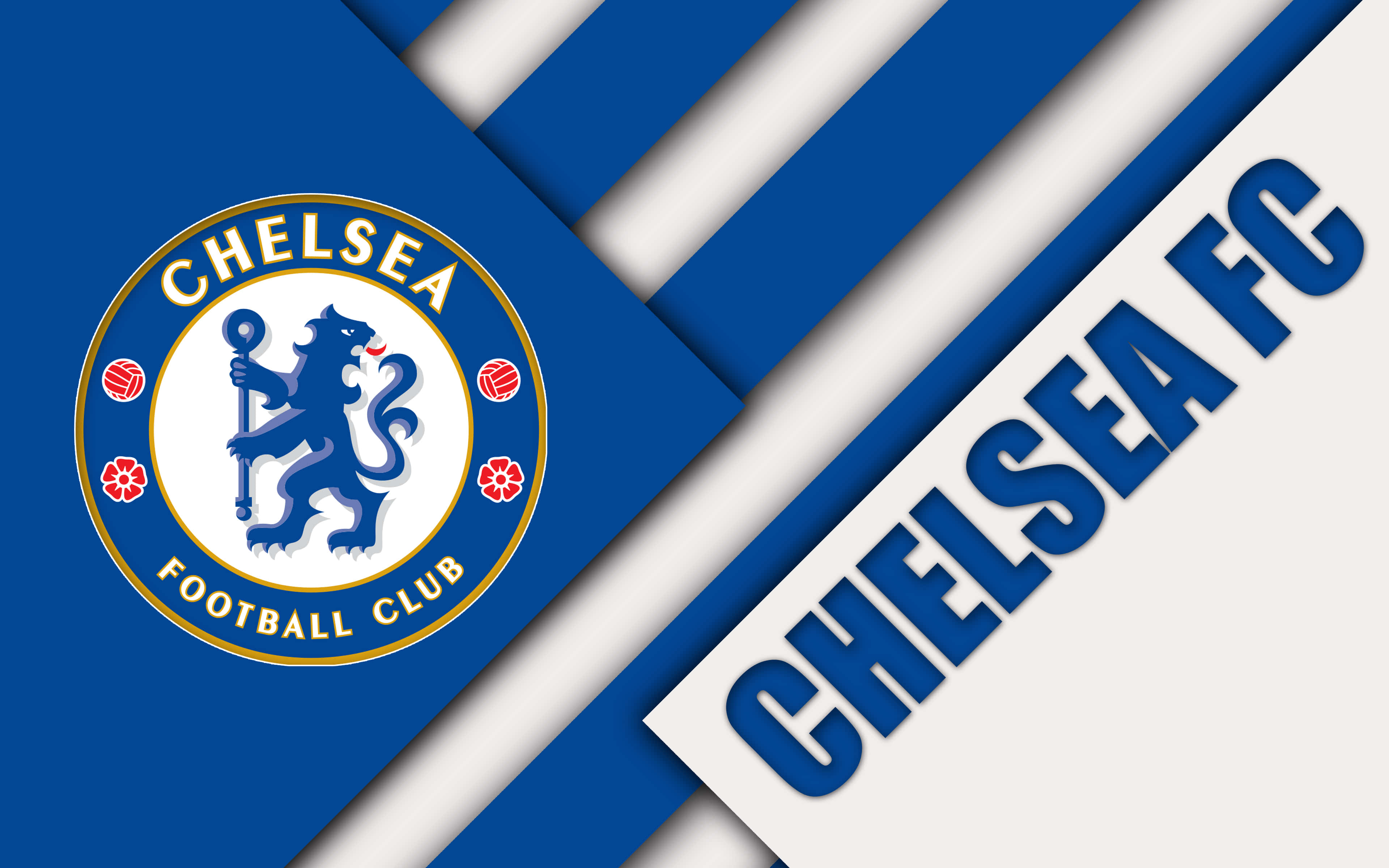 Chelsea 桌布 壁紙 — Chelsea FC 標誌和文字，背景為大膽的藍白斜紋條紋。