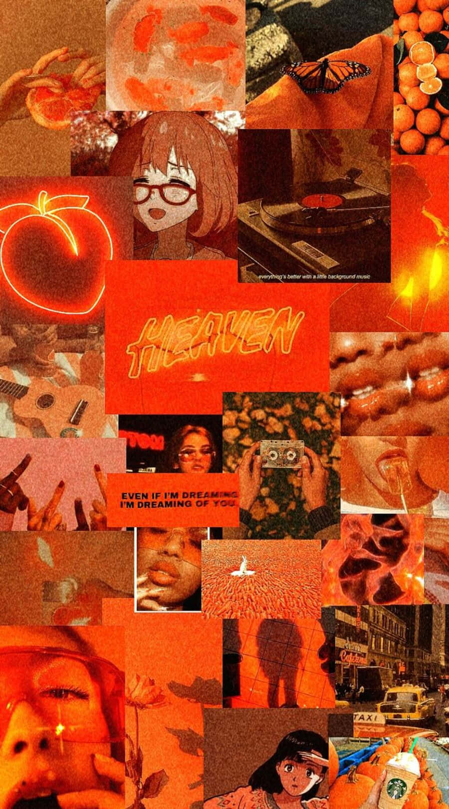 Vintage Orange Aesthetic 桌布 壁紙 — 充滿活力的橙色調拼貼畫， featuring 動漫角色、音樂唱片、柑橘類水果和夢幻文字片段，呈現懷舊美學。
