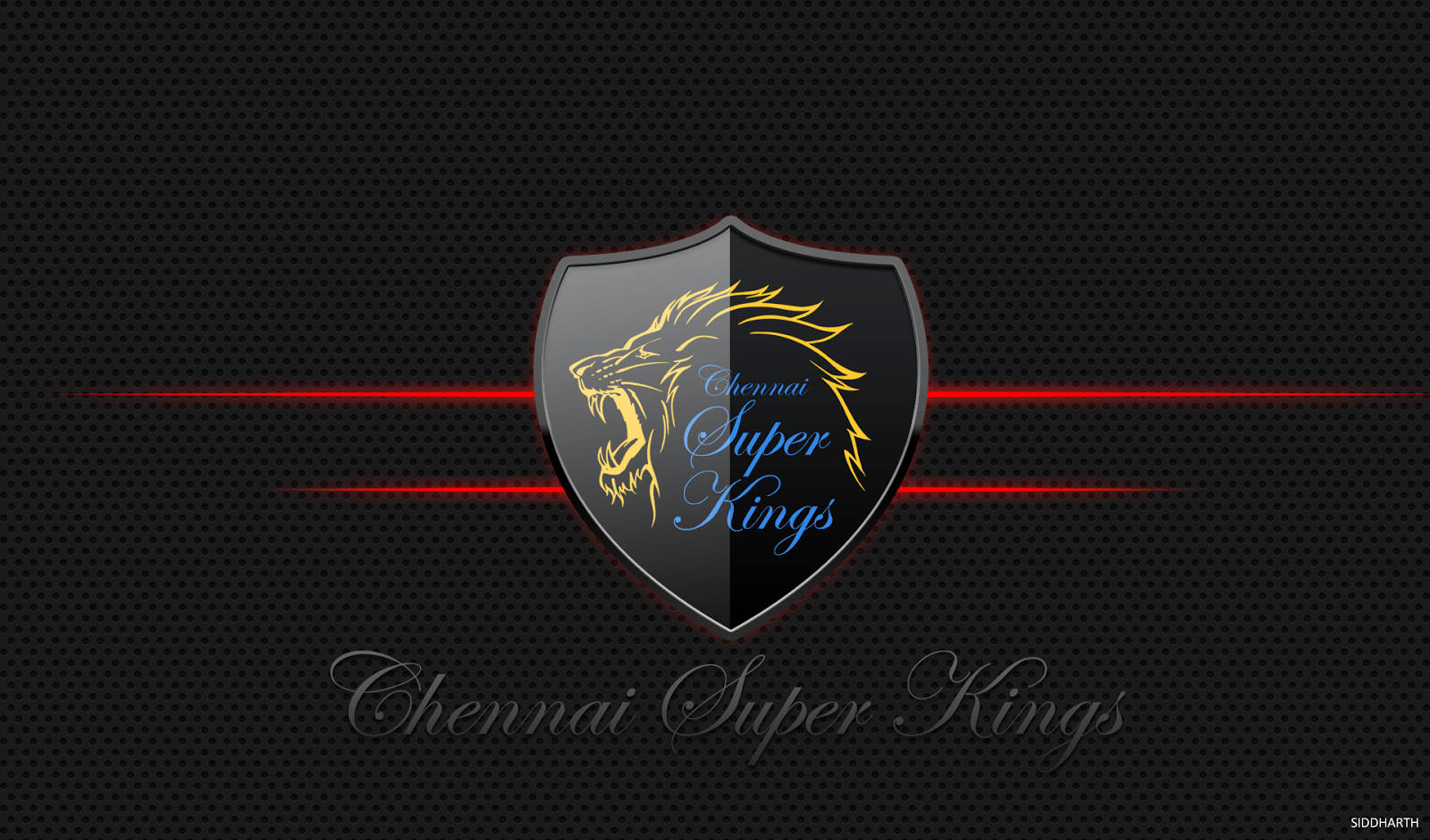 Chennai Super Kings 標誌，金色獅子在黑色盾牌上，帶有紅色發光線條。