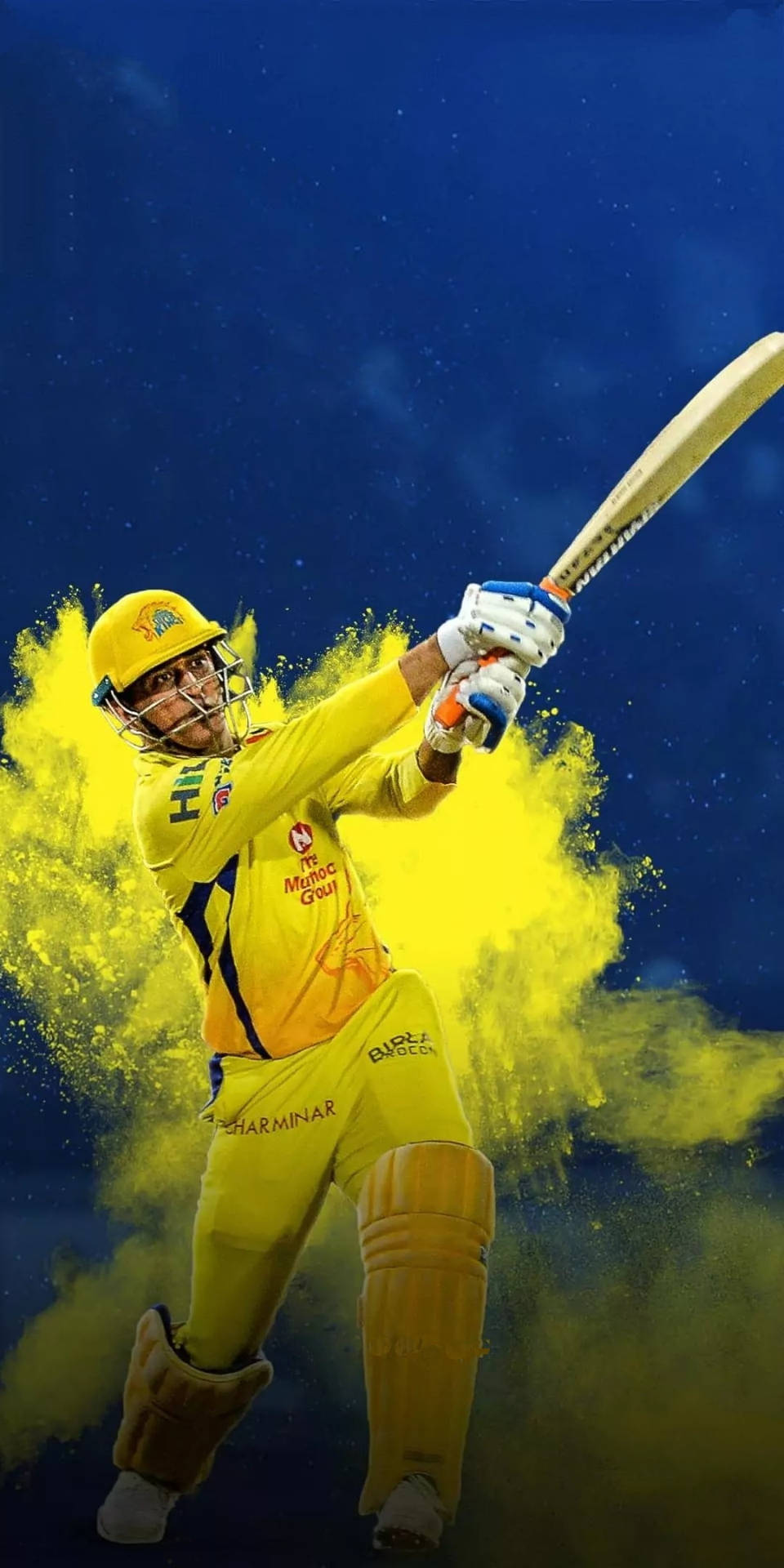 身穿黃色球衣的板球運動員在揮棒時伴有粉末爆炸。