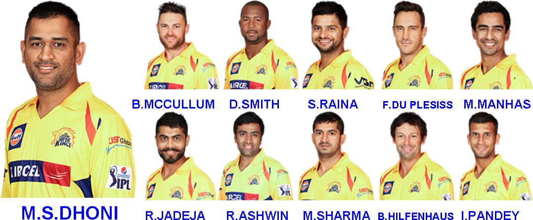 Chennai Super Kings 球隊肖像 壁紙 — 十名身穿黃色球衣的板球運動員的肖像拼貼，每人下方標有名字。