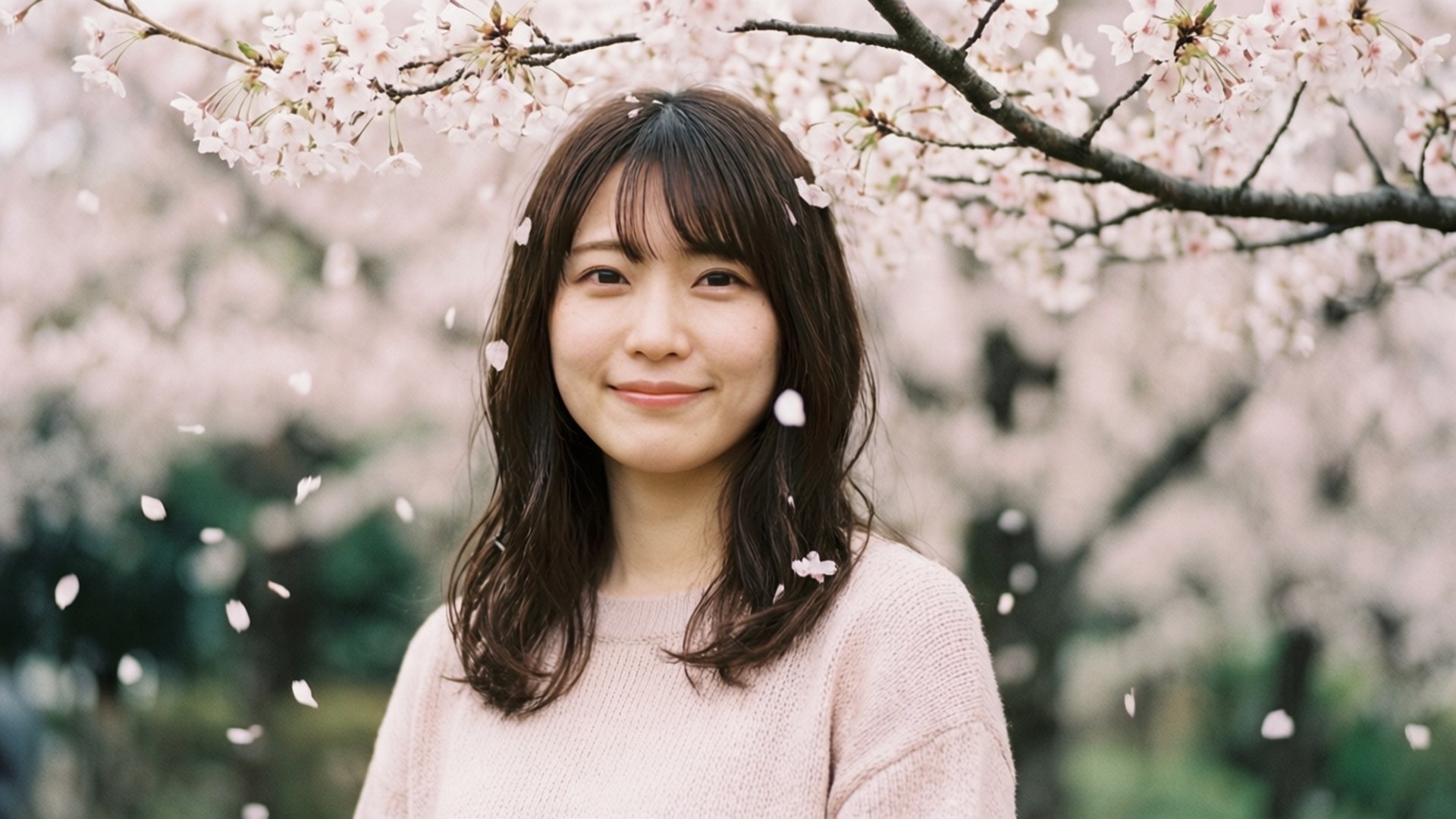 一位微笑的女性站在春天公園裡落下的櫻花下。