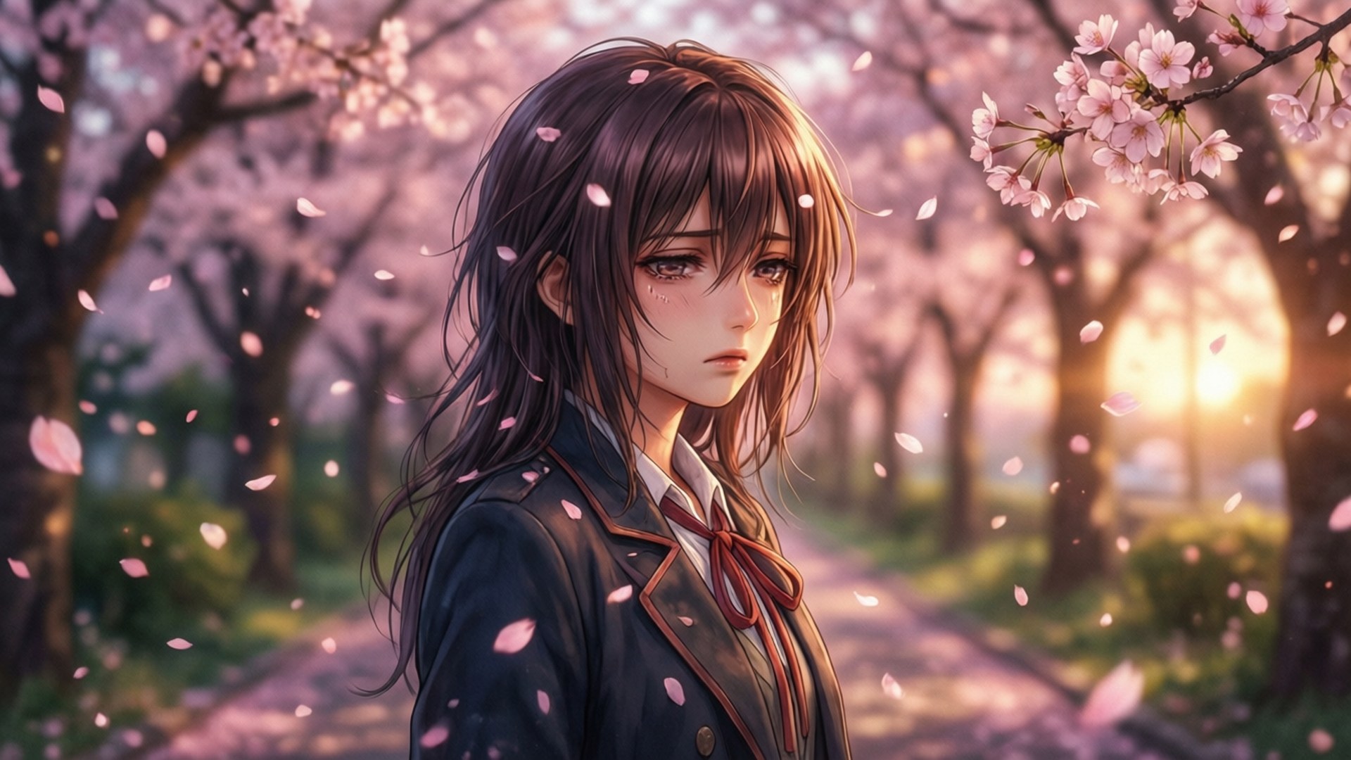 動漫女孩穿著校服站在櫻花下，花瓣飄落，柔和夕陽光