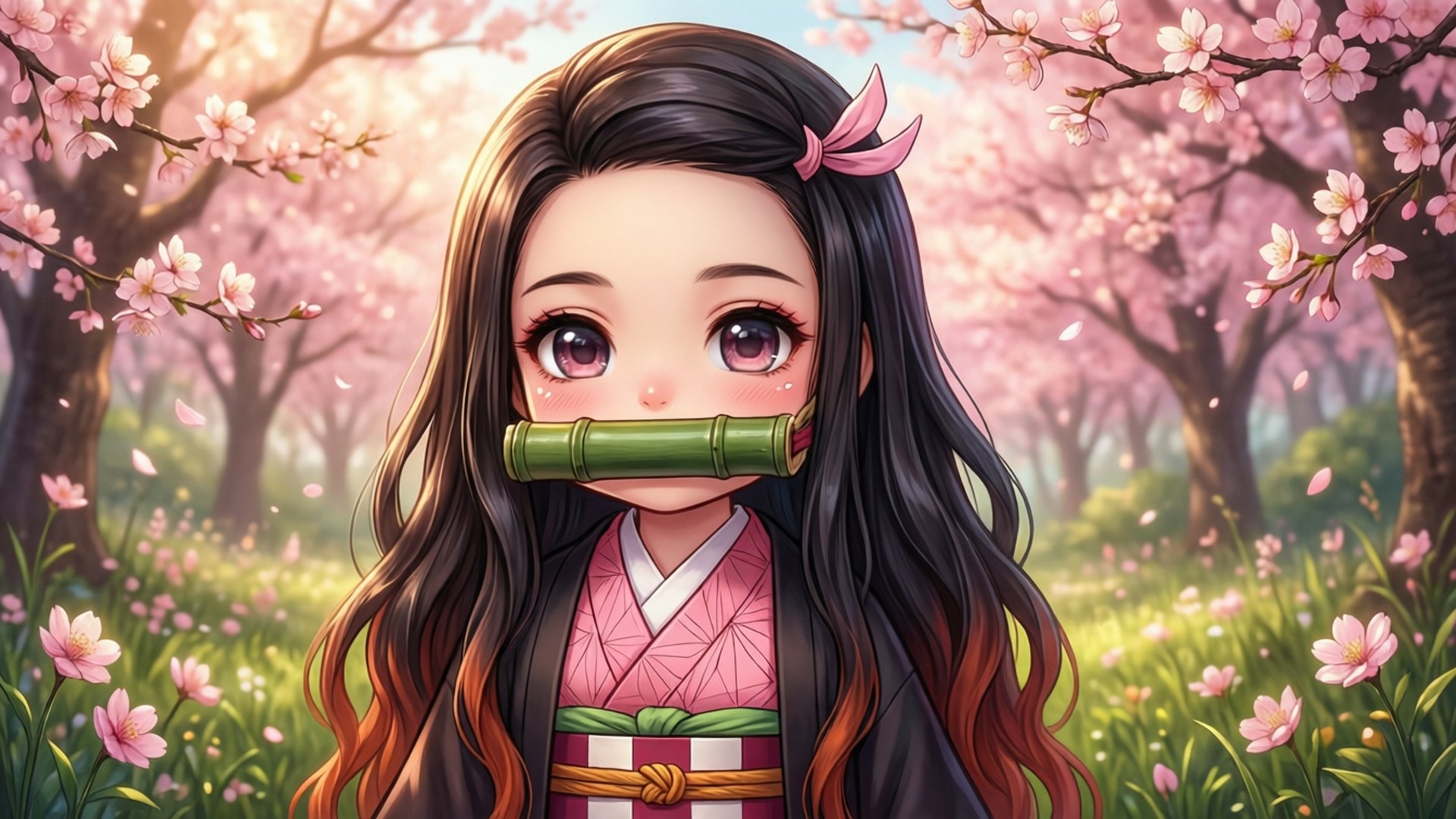 穿著粉紅色和服的動漫女孩在櫻花下拿著竹笛