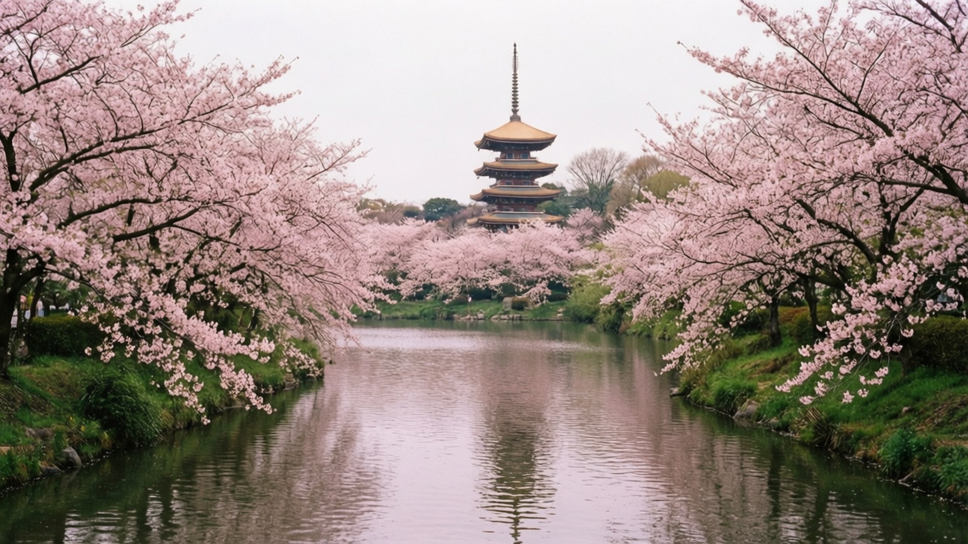 粉紅櫻花樹環繞著流向日本寶塔的河流