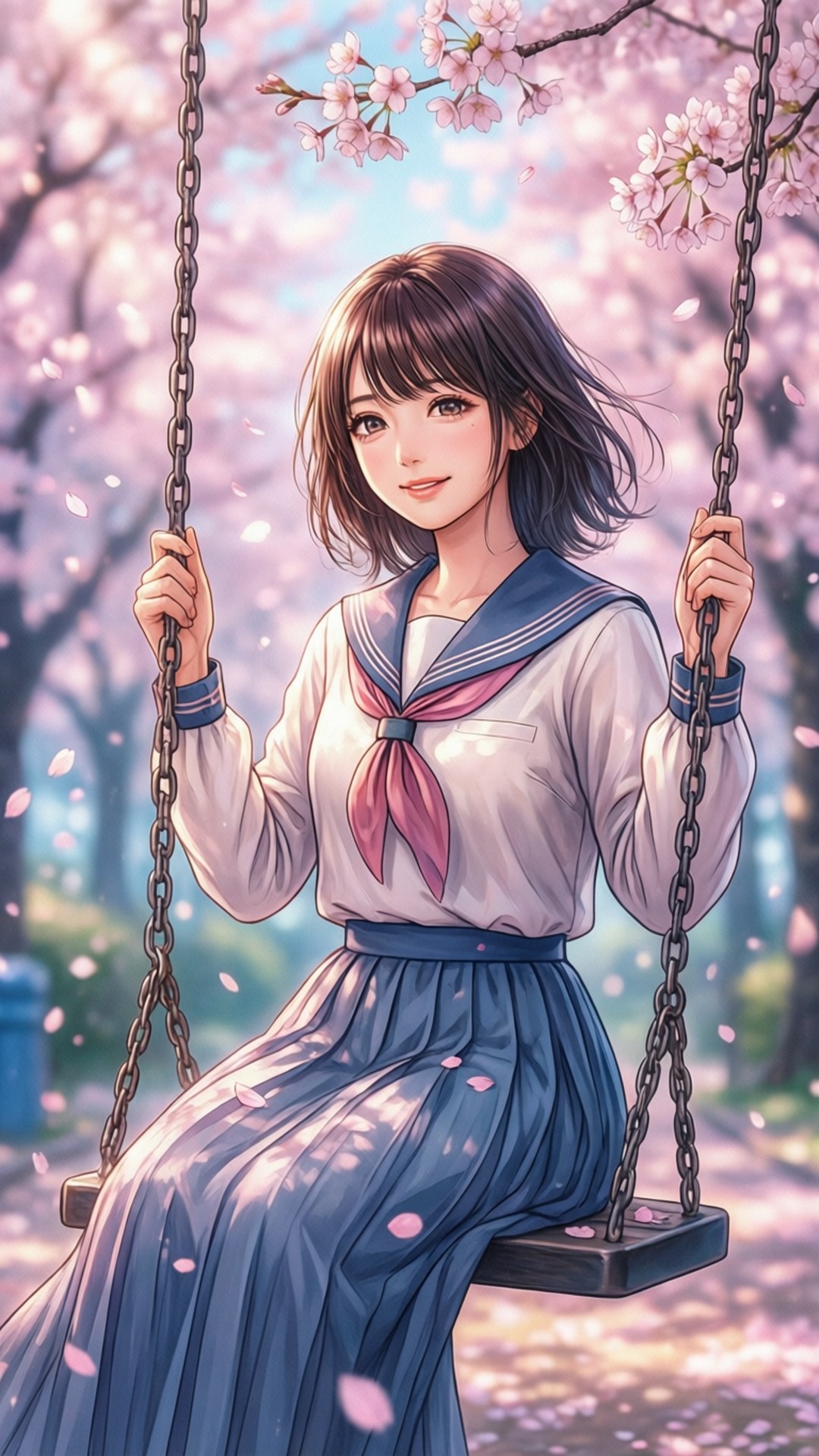 動漫女孩穿水手服在櫻花下盪鞦韆